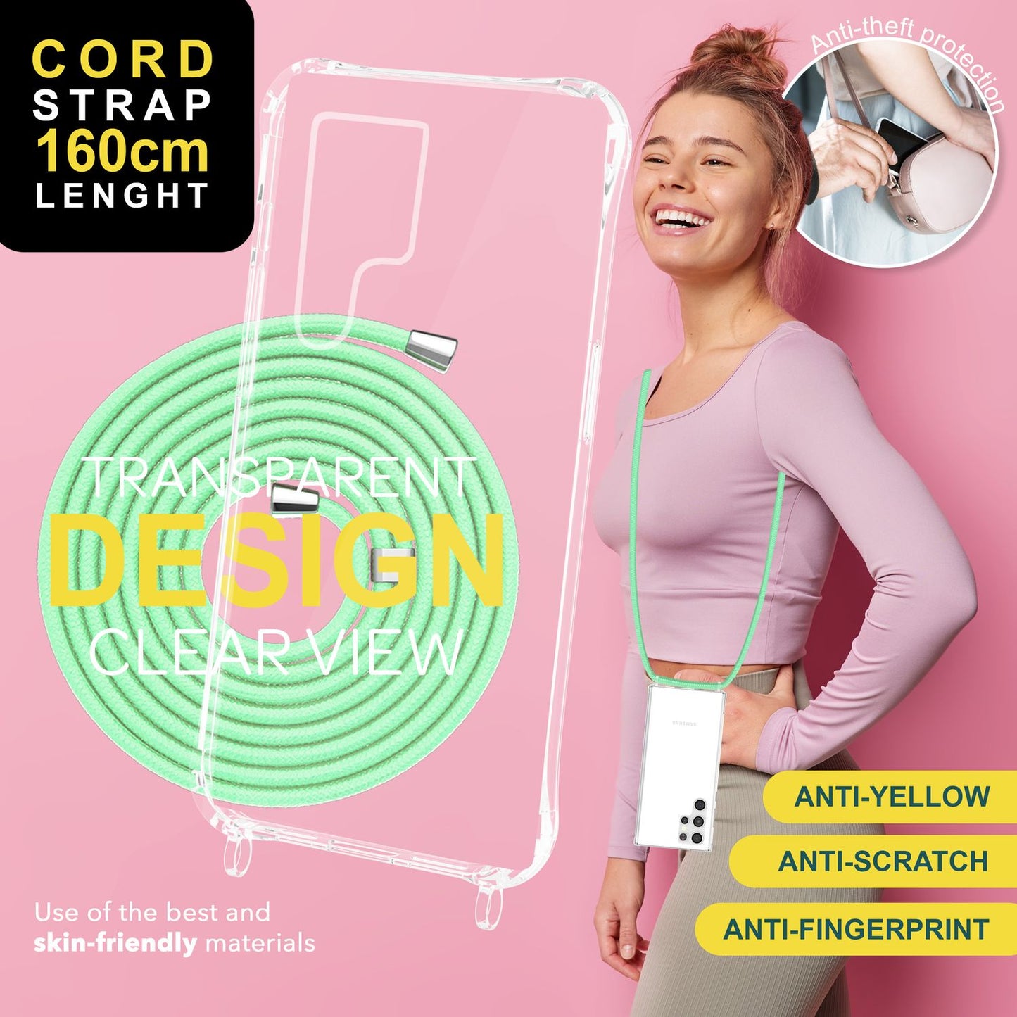 NALIA gegnsætt verndarhulstur með keðju fyrir Samsung Galaxy S24 Ultra, gegnsætt og sterkt símahulstur með snúru