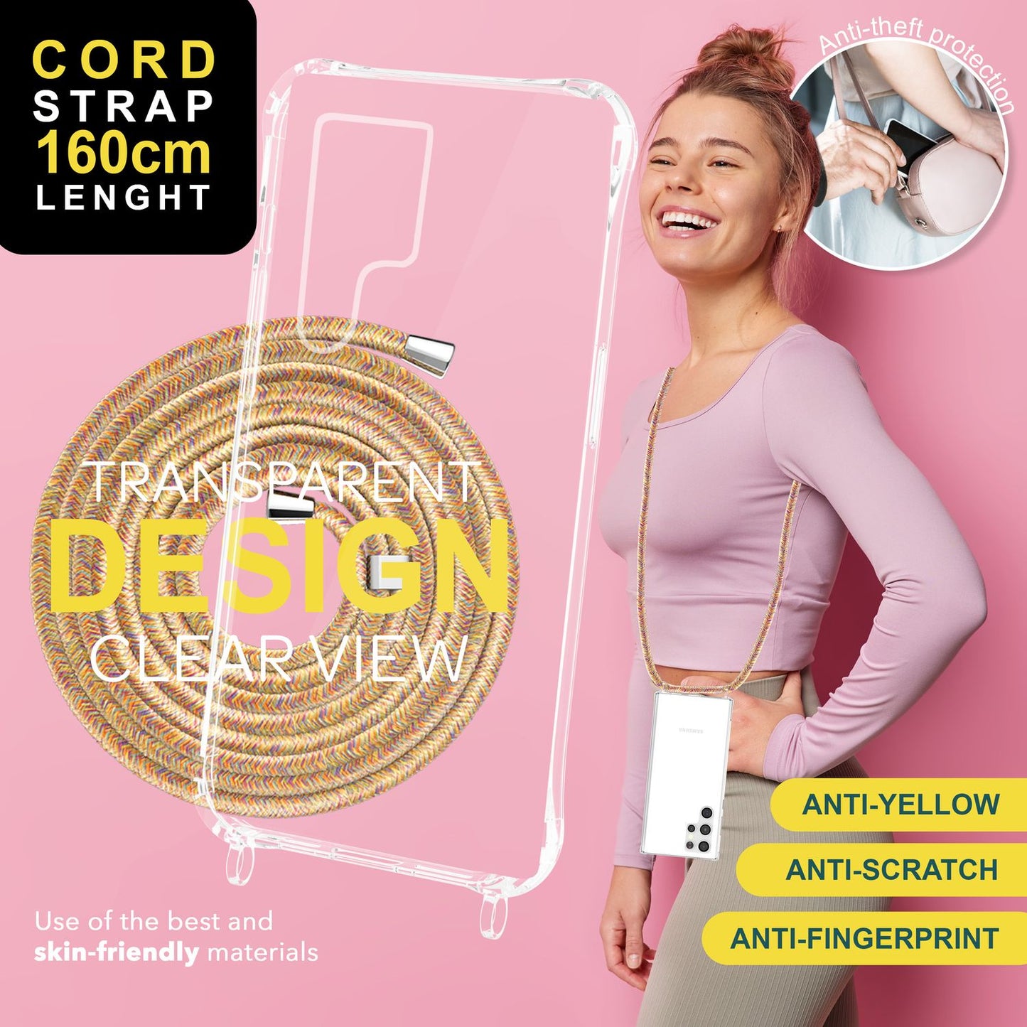 NALIA gegnsætt verndarhulstur með keðju fyrir Samsung Galaxy S24 Ultra, gegnsætt og sterkt símahulstur með snúru