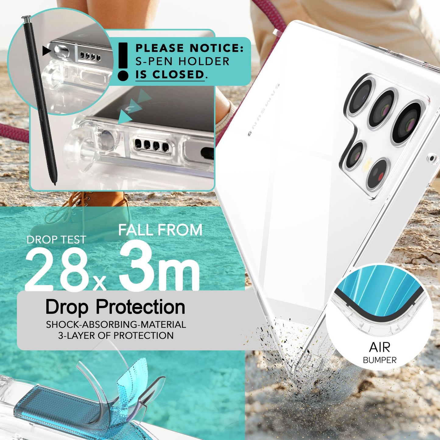 NALIA gegnsætt verndarhulstur með keðju fyrir Samsung Galaxy S24 Ultra, gegnsætt og sterkt símahulstur með snúru