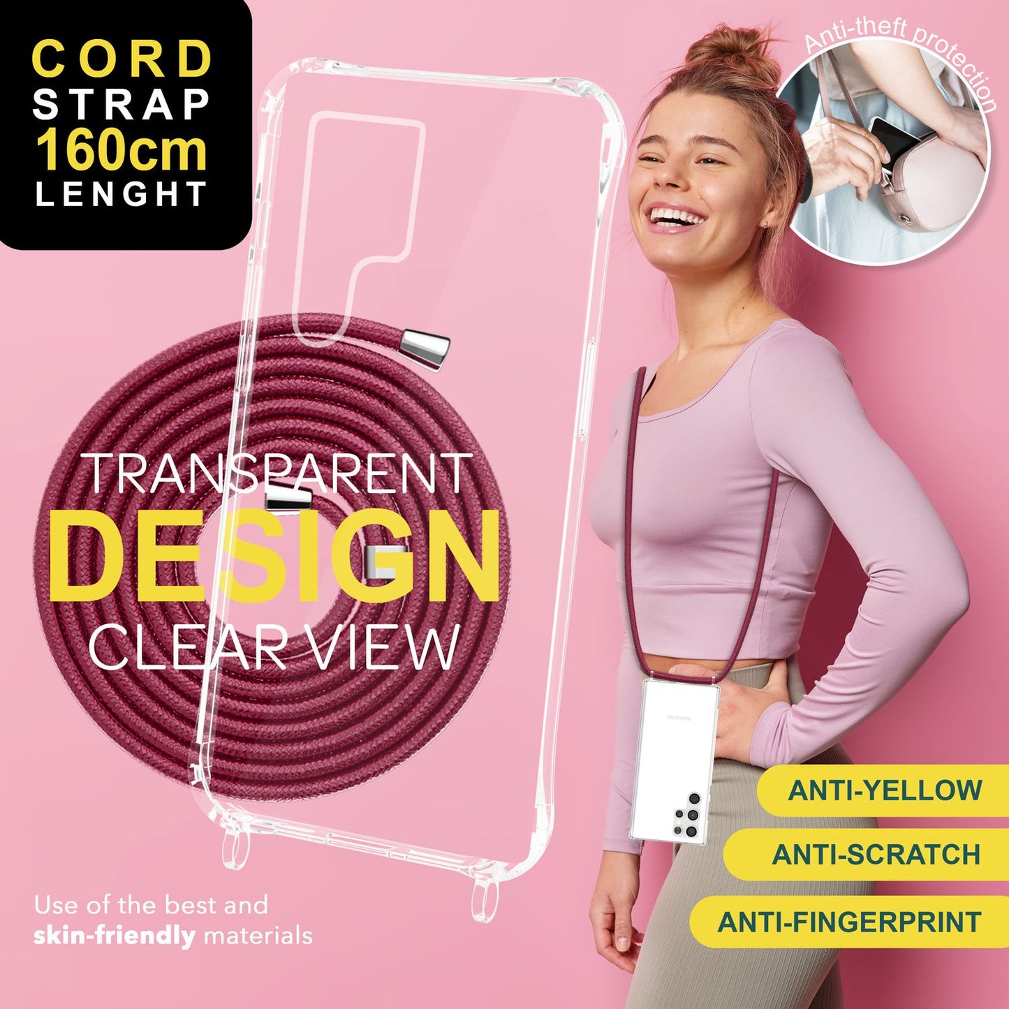 NALIA gegnsætt verndarhulstur með keðju fyrir Samsung Galaxy S24 Ultra, gegnsætt og sterkt símahulstur með snúru