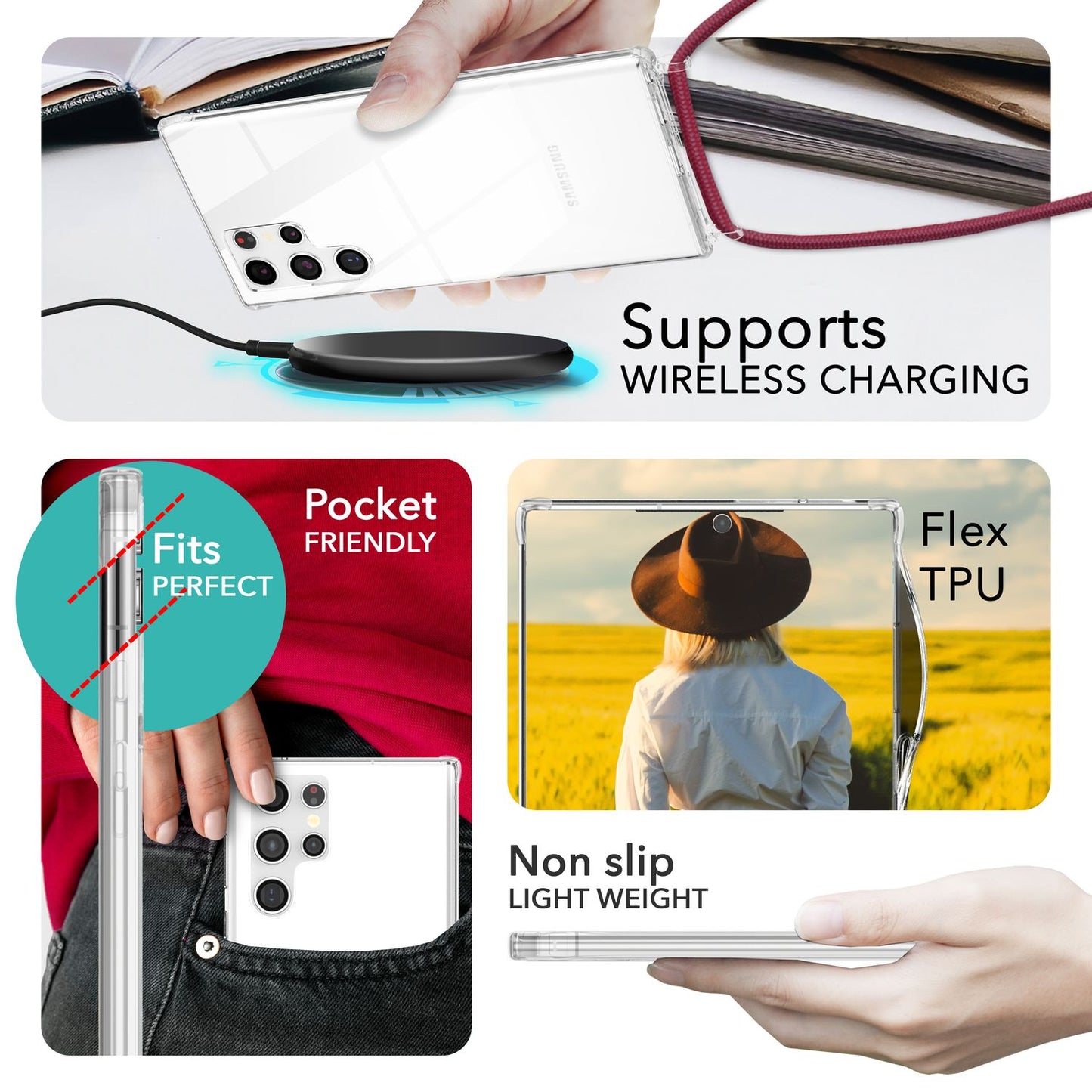 NALIA gegnsætt verndarhulstur með keðju fyrir Samsung Galaxy S24 Ultra, gegnsætt og sterkt símahulstur með snúru