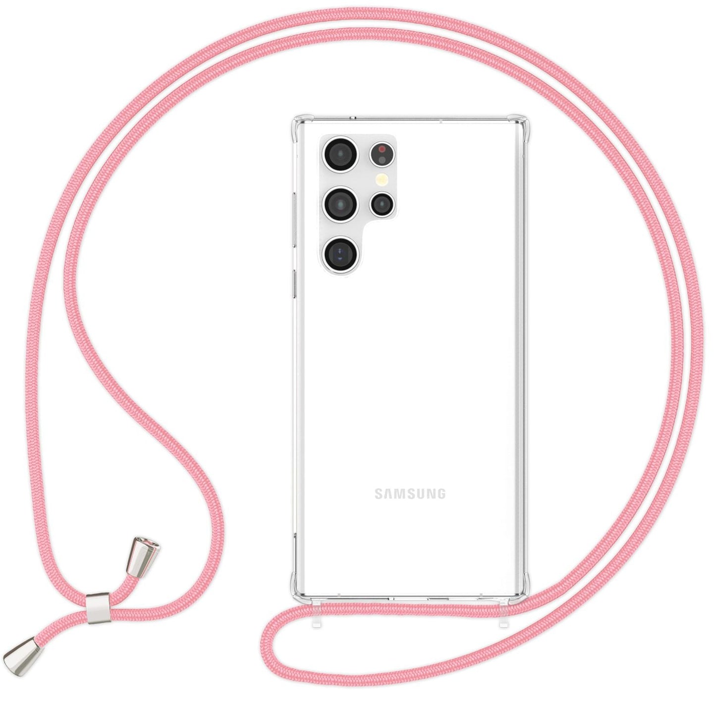 NALIA gegnsætt verndarhulstur með keðju fyrir Samsung Galaxy S24 Ultra, gegnsætt og sterkt símahulstur með snúru