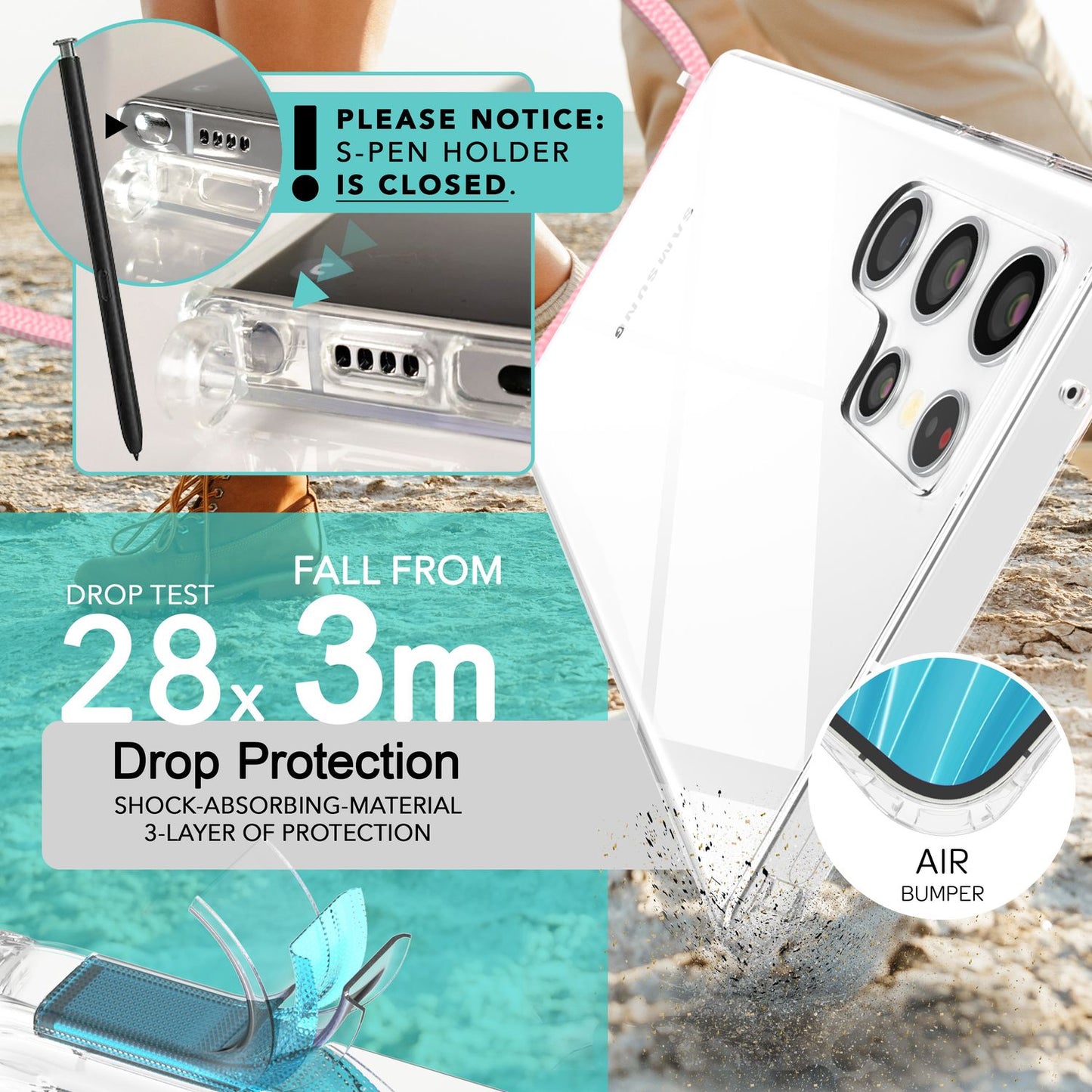 NALIA gegnsætt verndarhulstur með keðju fyrir Samsung Galaxy S24 Ultra, gegnsætt og sterkt símahulstur með snúru