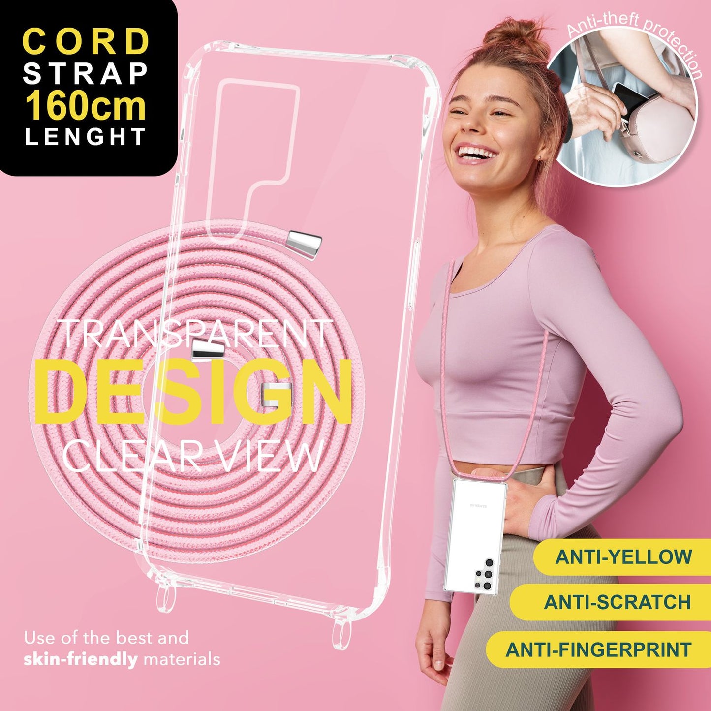 NALIA gegnsætt verndarhulstur með keðju fyrir Samsung Galaxy S24 Ultra, gegnsætt og sterkt símahulstur með snúru