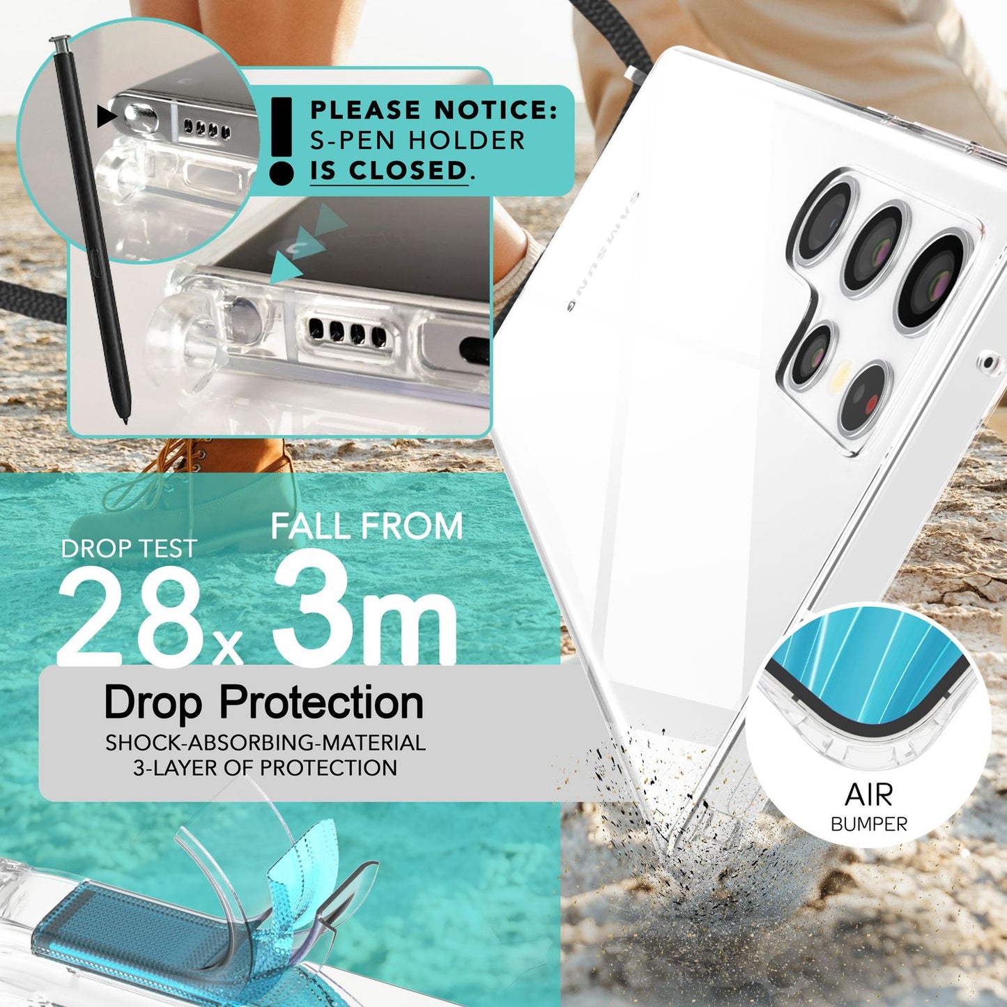 NALIA gegnsætt verndarhulstur með keðju fyrir Samsung Galaxy S24 Ultra, gegnsætt og sterkt símahulstur með snúru