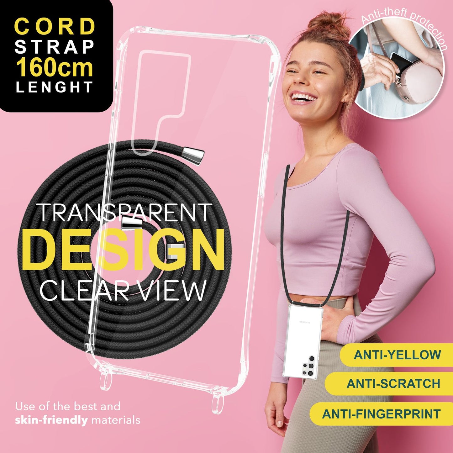 NALIA gegnsætt verndarhulstur með keðju fyrir Samsung Galaxy S24 Ultra, gegnsætt og sterkt símahulstur með snúru