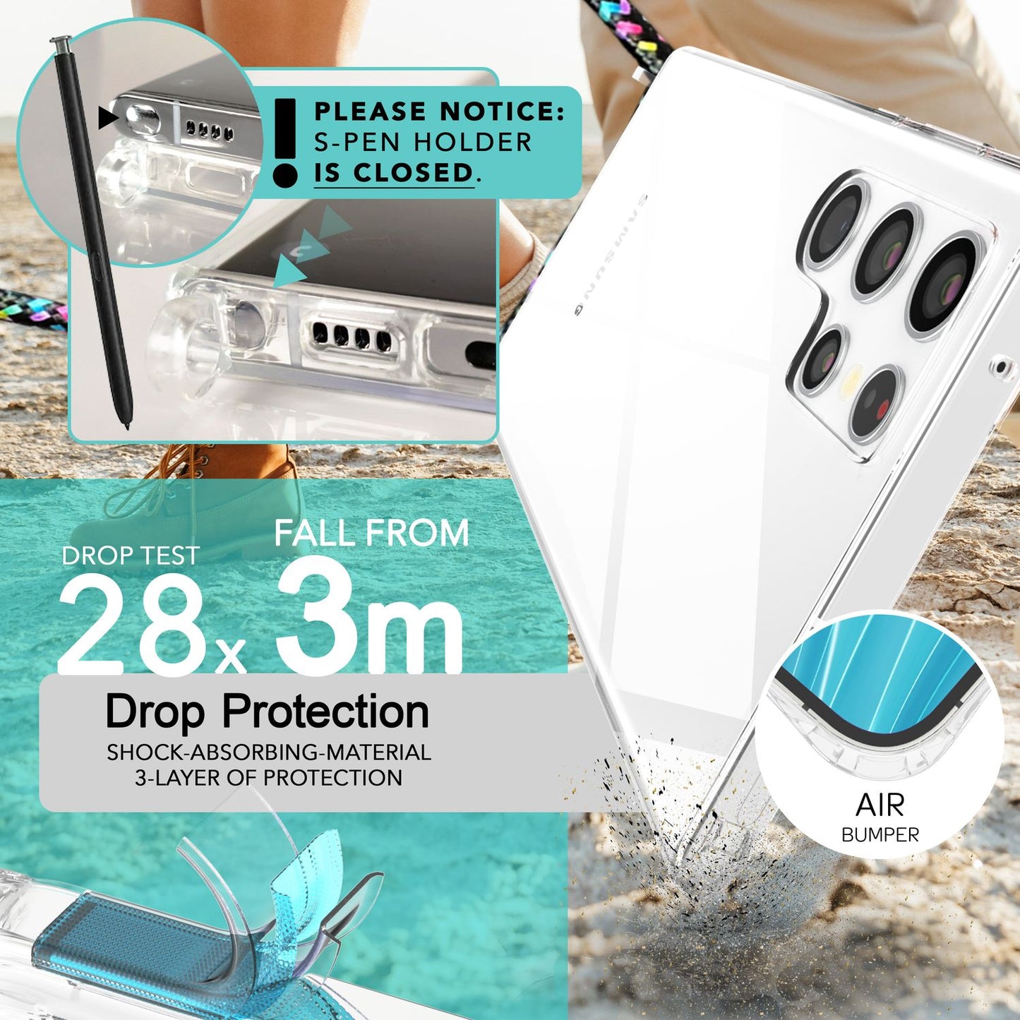 NALIA gegnsætt verndarhulstur með keðju fyrir Samsung Galaxy S24 Ultra, gegnsætt og sterkt símahulstur með snúru