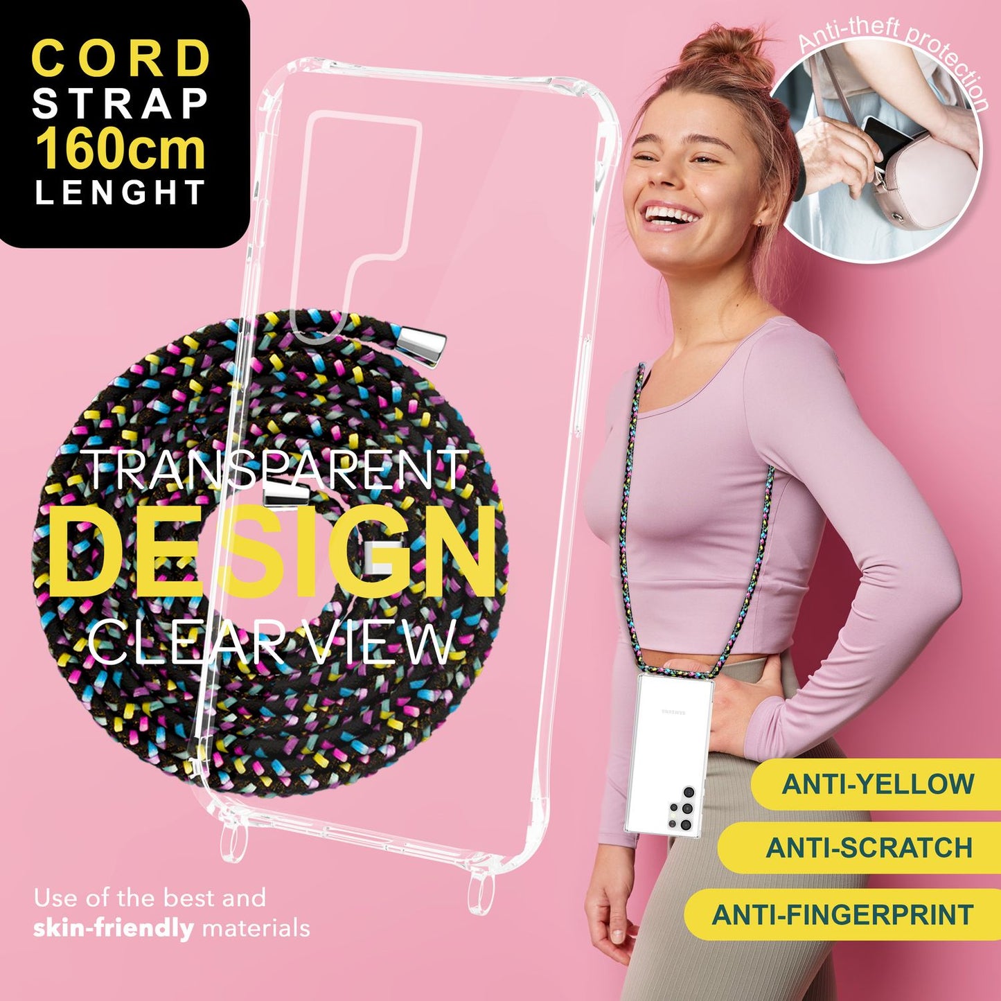 NALIA gegnsætt verndarhulstur með keðju fyrir Samsung Galaxy S24 Ultra, gegnsætt og sterkt símahulstur með snúru