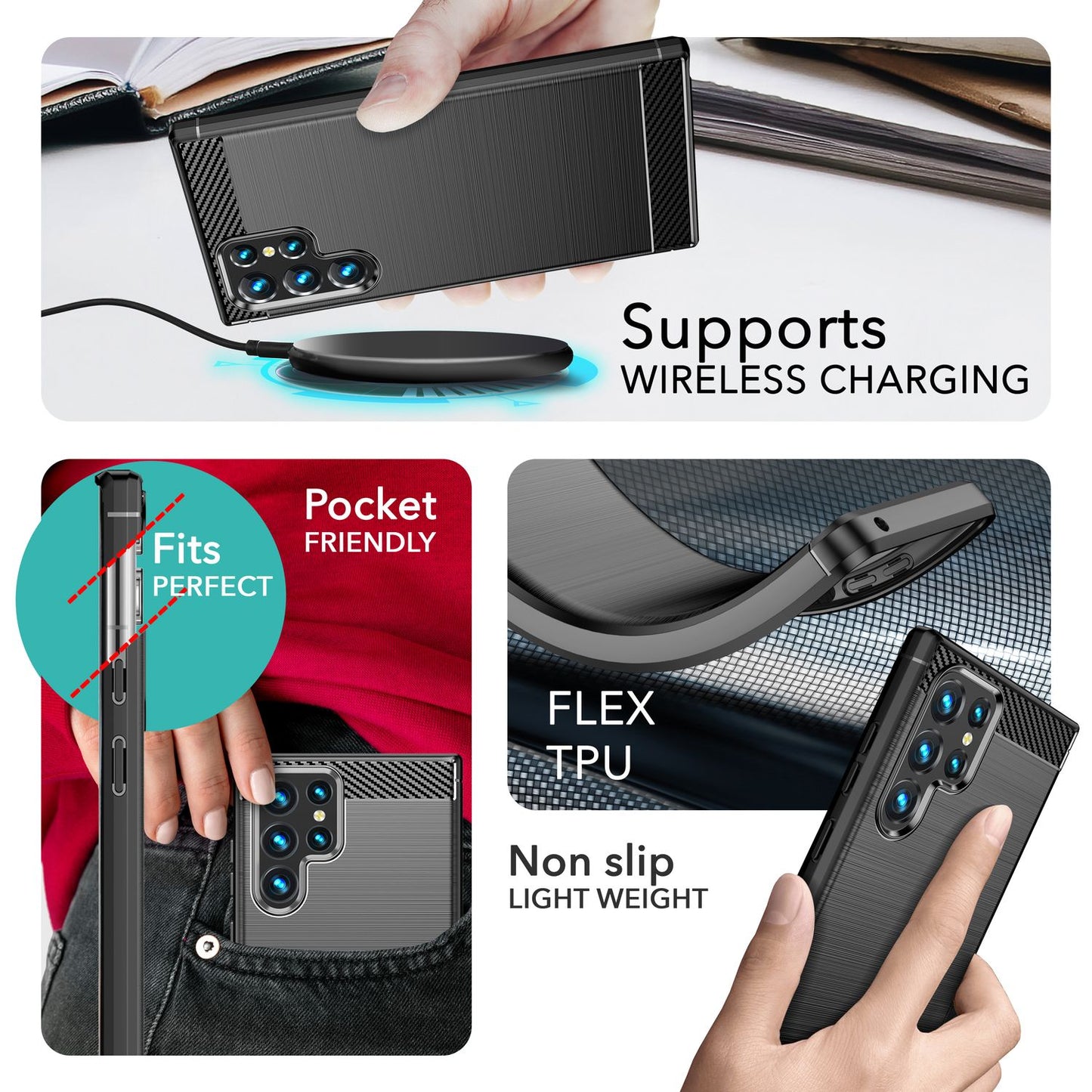 NALIA sílikonhulstur í kolefnisstíl fyrir Samsung Galaxy S24 Ultra, mattsvart verndarhulstur með kolefnisáferð