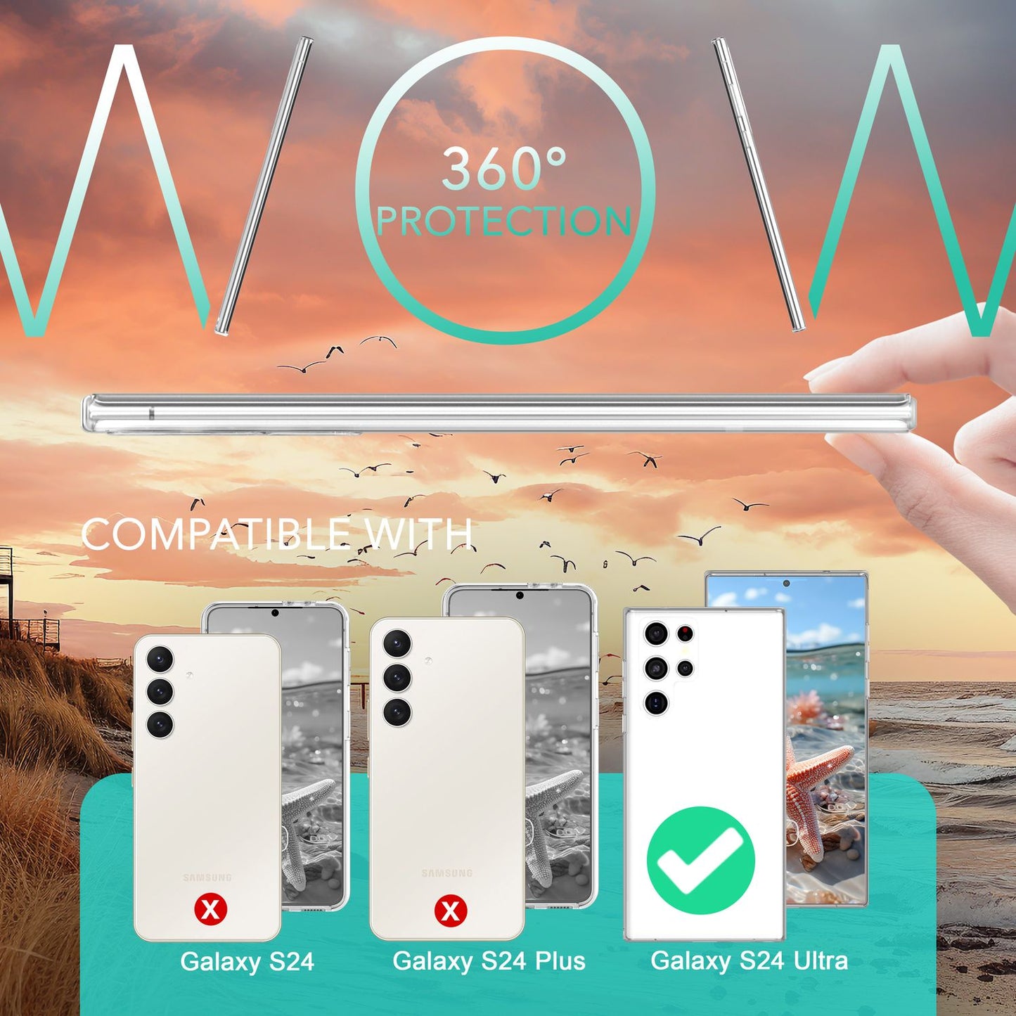 NALIA gegnsætt 360 gráðu hlífðarhulstur fyrir Samsung Galaxy S24 Ultra, gegnsætt allan hringinn, gegnsætt og gulnunarvarna.