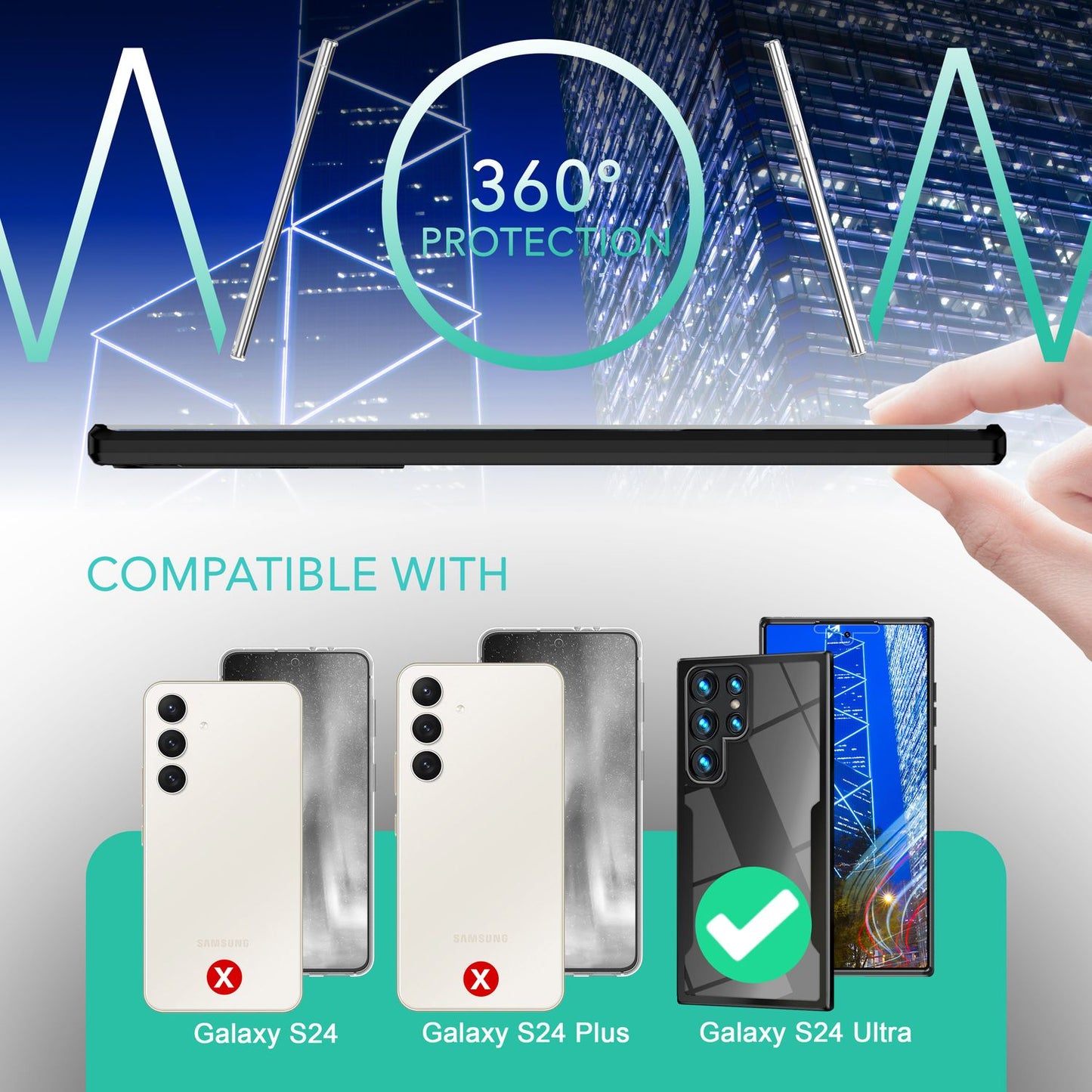 NALIA gegnsætt 360 gráðu hlífðarhulstur fyrir Samsung Galaxy S24 Ultra, rispuþolið hart bak og rammi sem verndar gegn falli