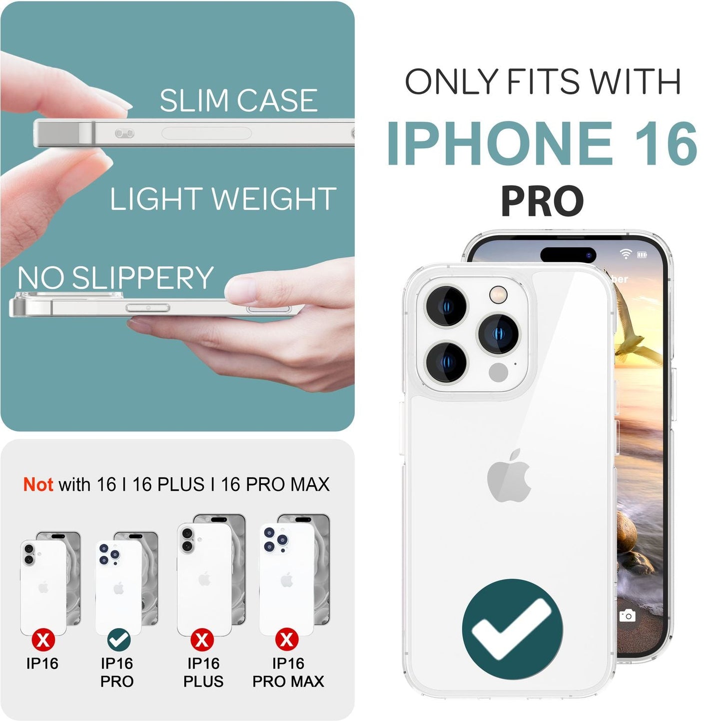 NALIA gegnsætt rispuþolið akrýlhulstur fyrir iPhone 16 Pro, hart verndarhulstur með sílikonramma, gegnsætt símahulstur