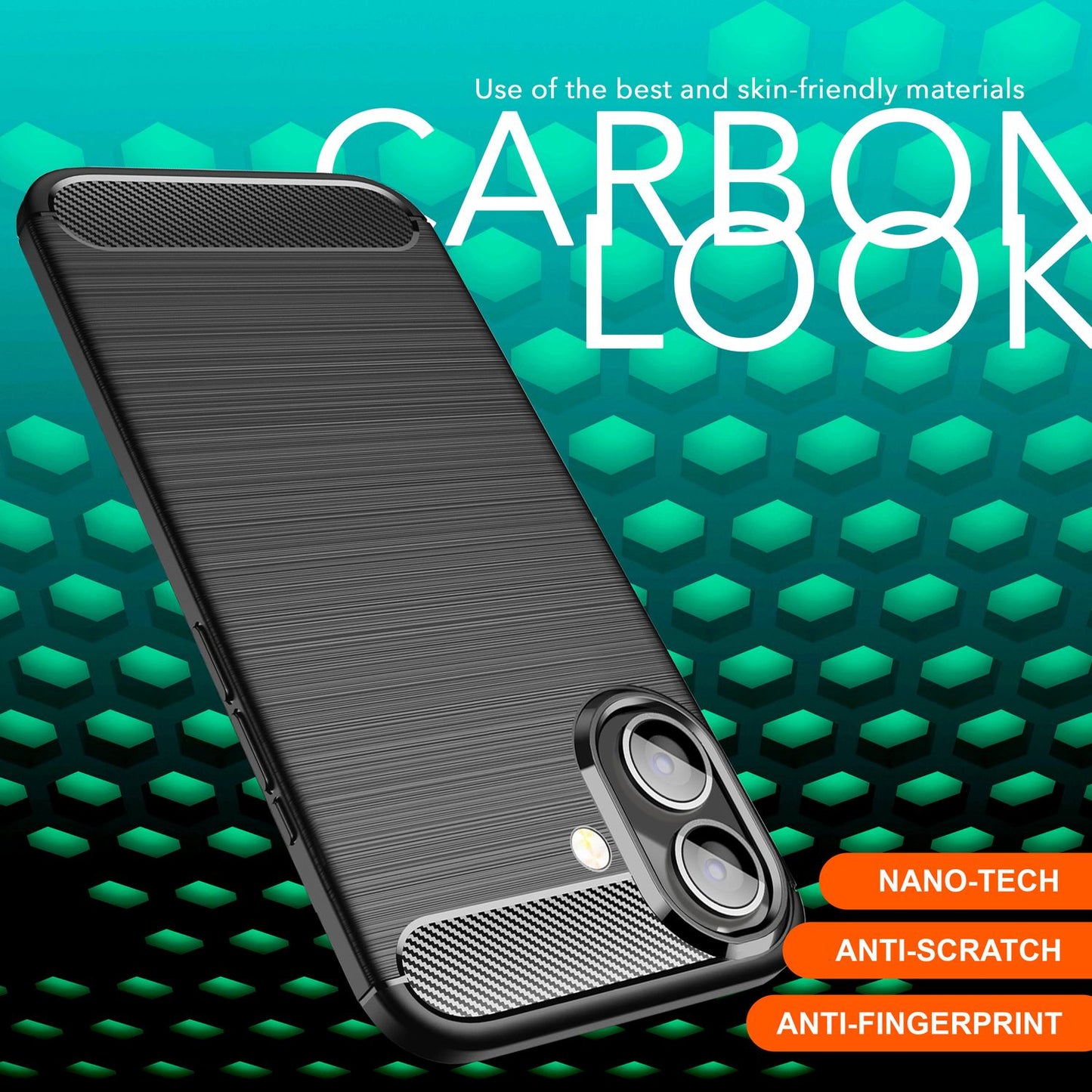 NALIA Carbon Style hulstur fyrir iPhone 16, mattsvart sílikon símahulstur með koltrefjaútliti, verndarhulstur fyrir fyrirtæki