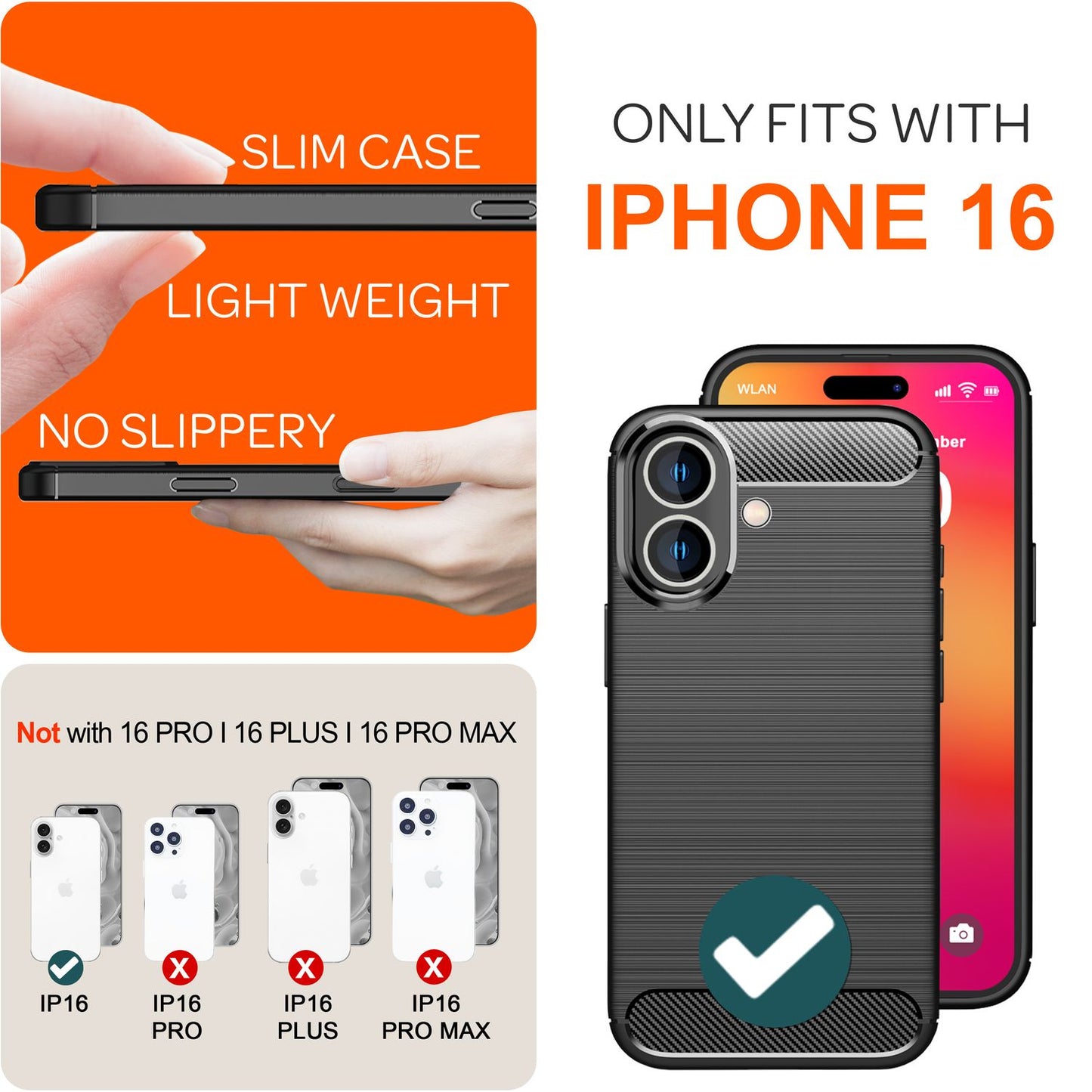 NALIA Carbon Style hulstur fyrir iPhone 16, mattsvart sílikon símahulstur með koltrefjaútliti, verndarhulstur fyrir fyrirtæki