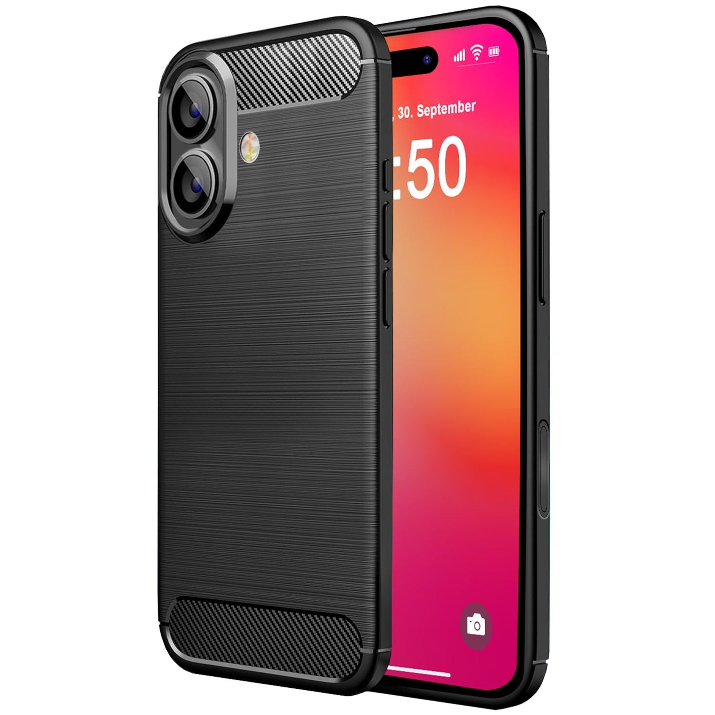 NALIA Carbon Style hulstur fyrir iPhone 16 Plus, mattsvart sílikon símahulstur með koltrefjaútliti, þunnt viðskiptahulstur