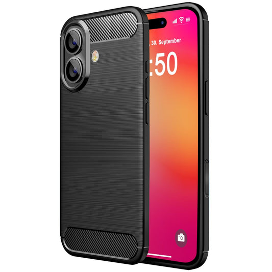 NALIA Carbon Style hulstur fyrir iPhone 16 Plus, mattsvart sílikon símahulstur með koltrefjaútliti, þunnt viðskiptahulstur