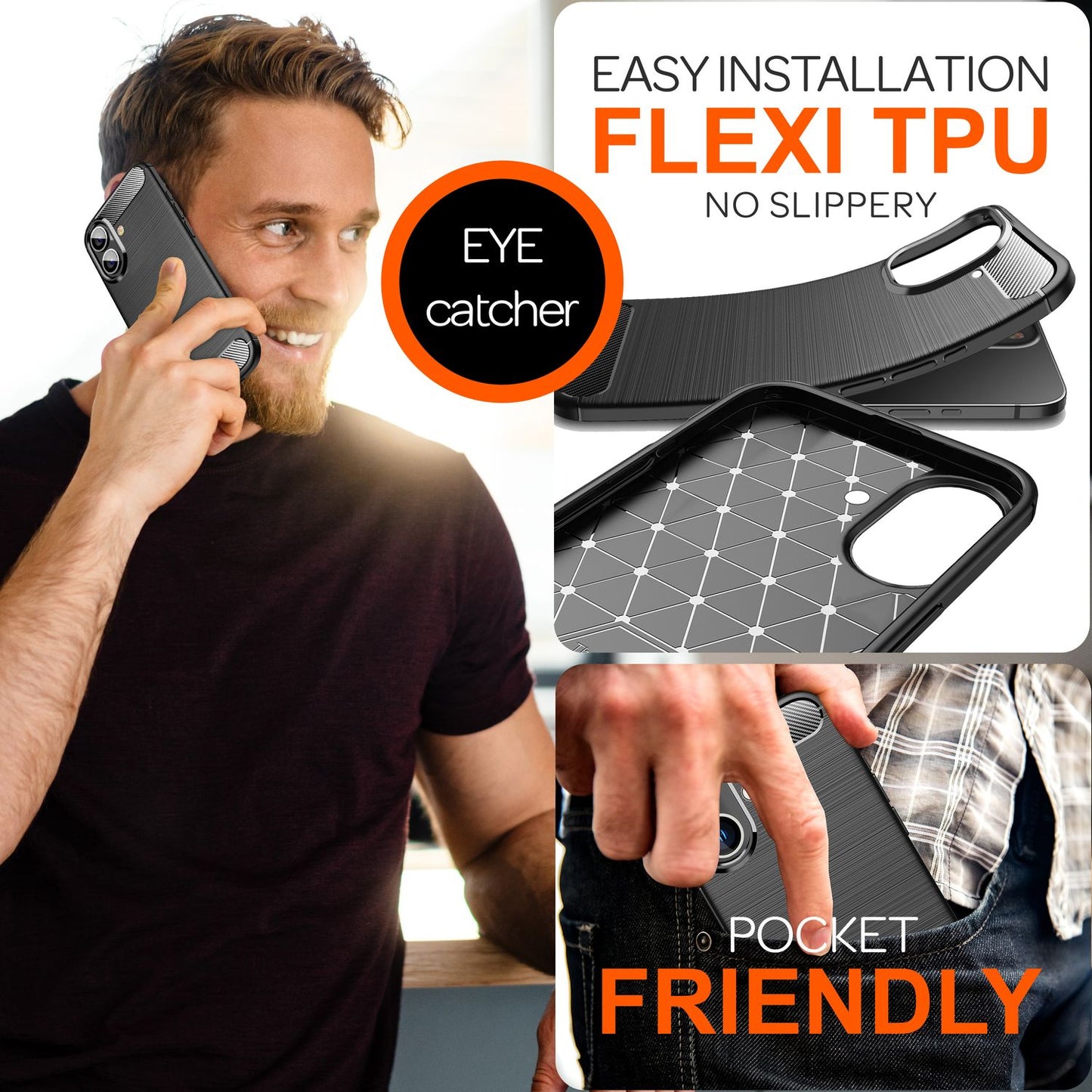 NALIA Carbon Style hulstur fyrir iPhone 16 Plus, mattsvart sílikon símahulstur með koltrefjaútliti, þunnt viðskiptahulstur