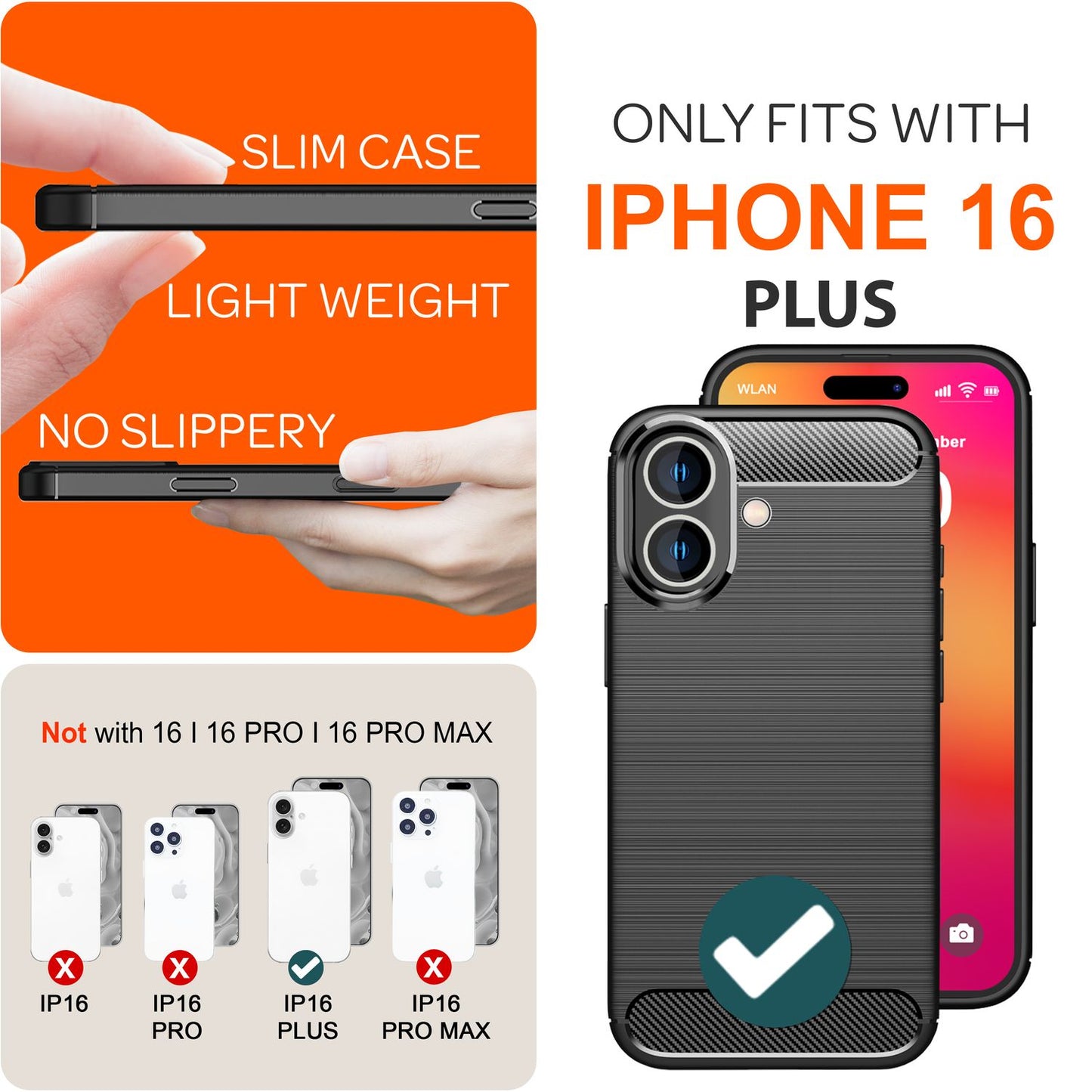 NALIA Carbon Style hulstur fyrir iPhone 16 Plus, mattsvart sílikon símahulstur með koltrefjaútliti, þunnt viðskiptahulstur