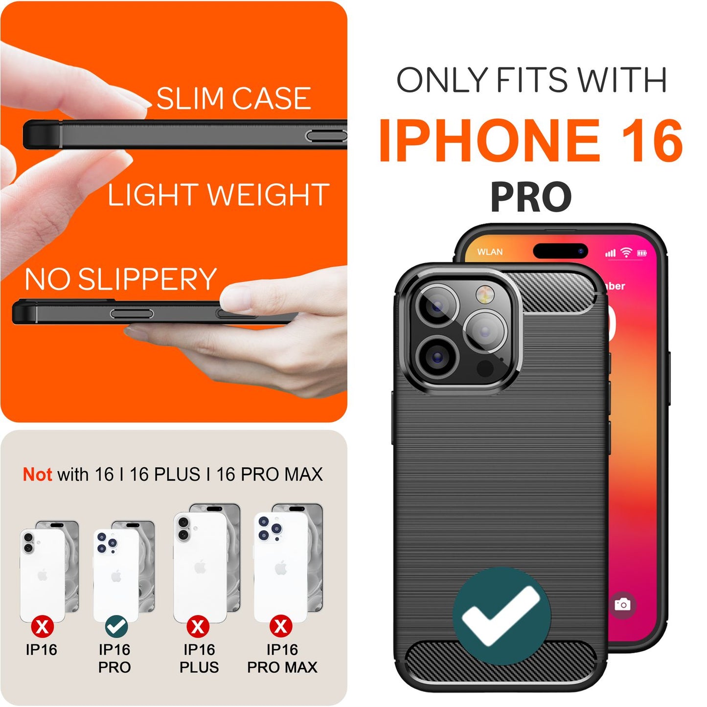 NALIA Carbon Style Hülle für iPhone 16 Pro, Matt-Schwarze Silikon Handyhülle in Kohlefaser-Optik, Slim Business Cover