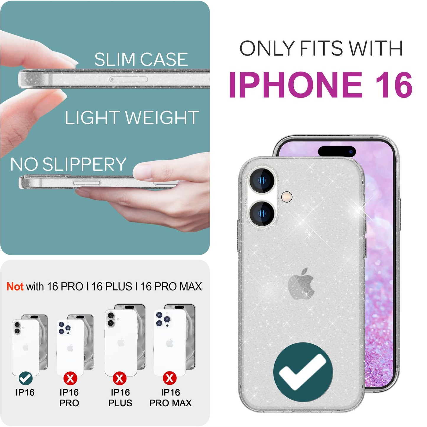 NALIA Gegnsætt glitrandi hulstur fyrir iPhone 16, gegnsætt símahulstur með glitrandi, glitrandi sílikon hlífðarhulstur