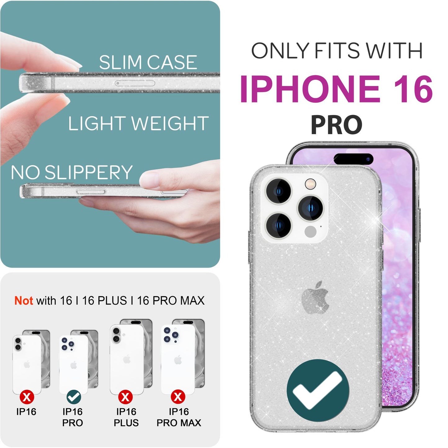 NALIA Transparent Glitter Case for iPhone 16 Pro, Clear Phone Case with Glitter, Glitter Protective Case Cover