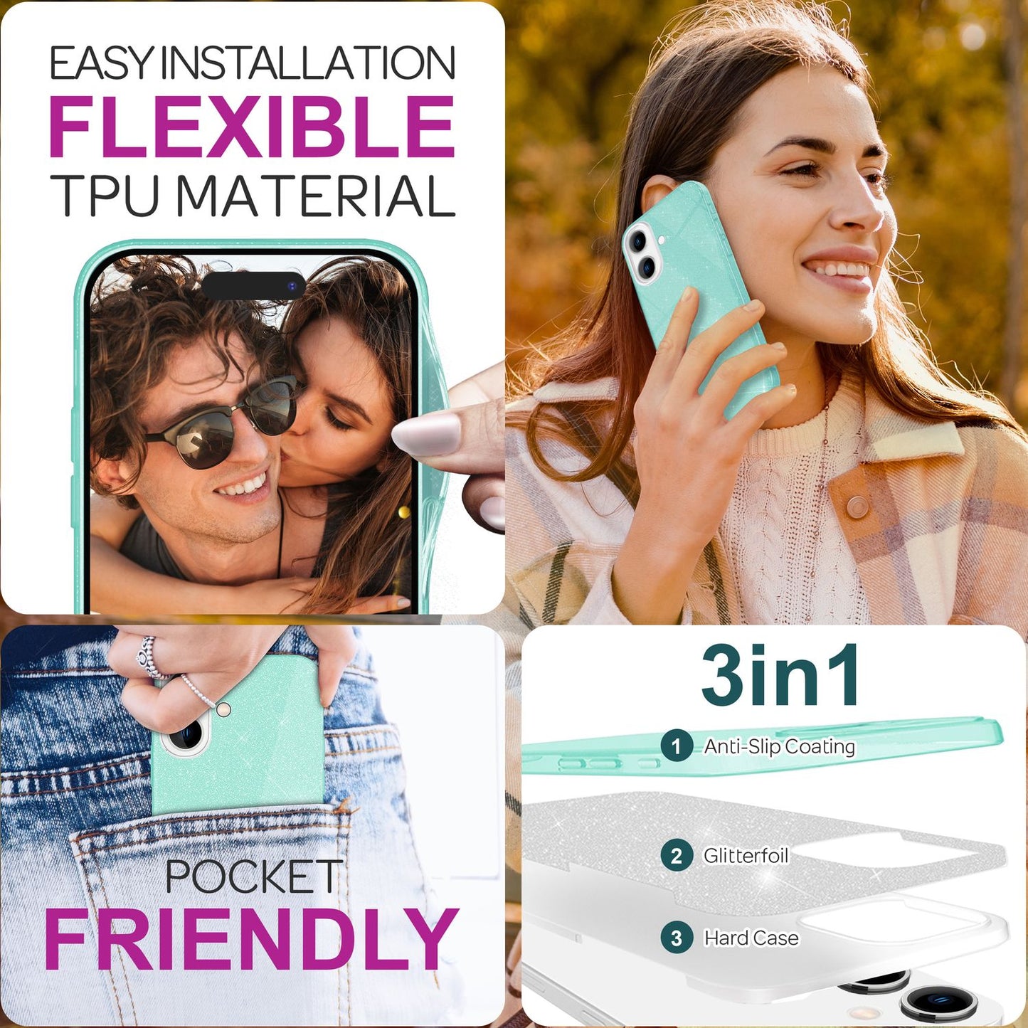 NALIA Glitter Hybrid Case for iPhone 16, Reinforced Silicone Phone Case, Shiny Glitter Protective Cover