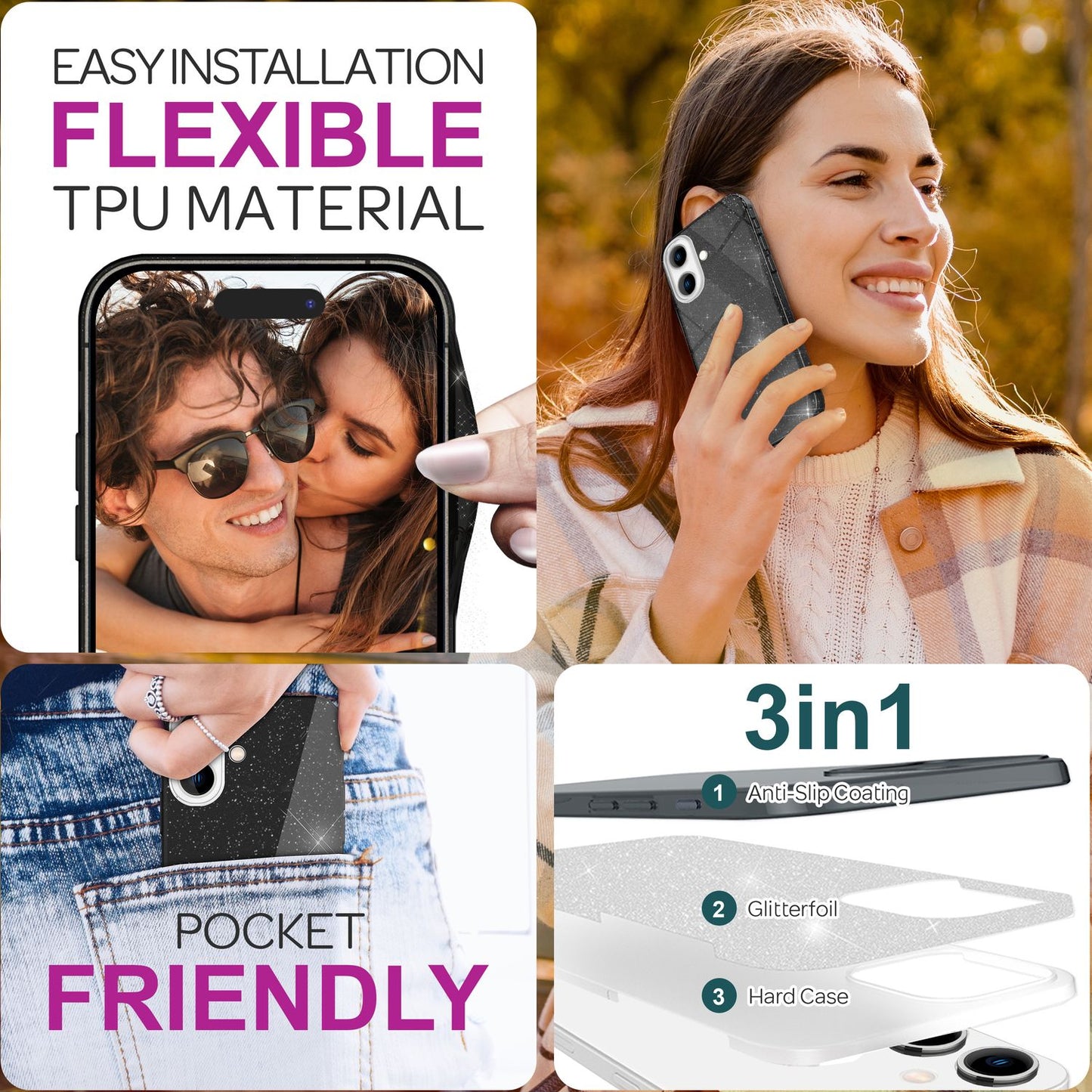 NALIA Glitter Hybrid Case for iPhone 16, Reinforced Silicone Phone Case, Shiny Glitter Protective Cover