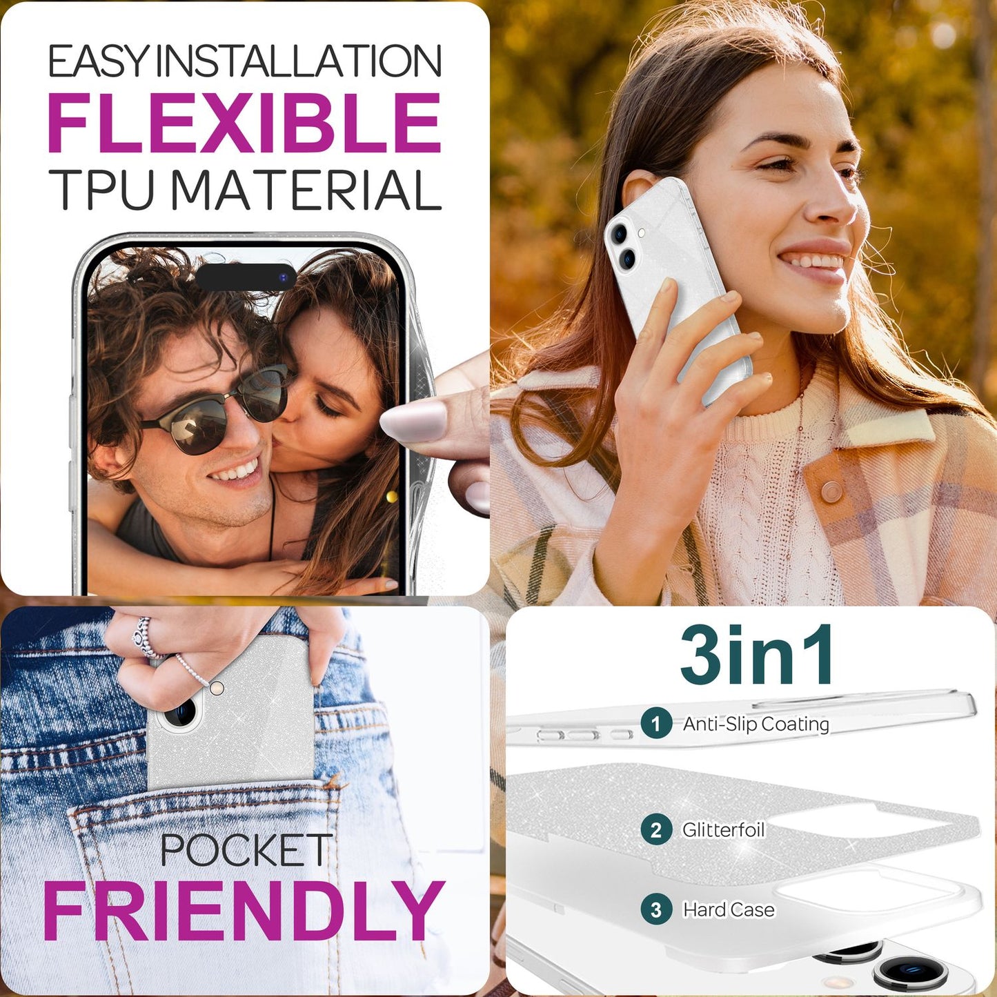 NALIA Glitter Hybrid Case for iPhone 16, Reinforced Silicone Phone Case, Shiny Glitter Protective Cover