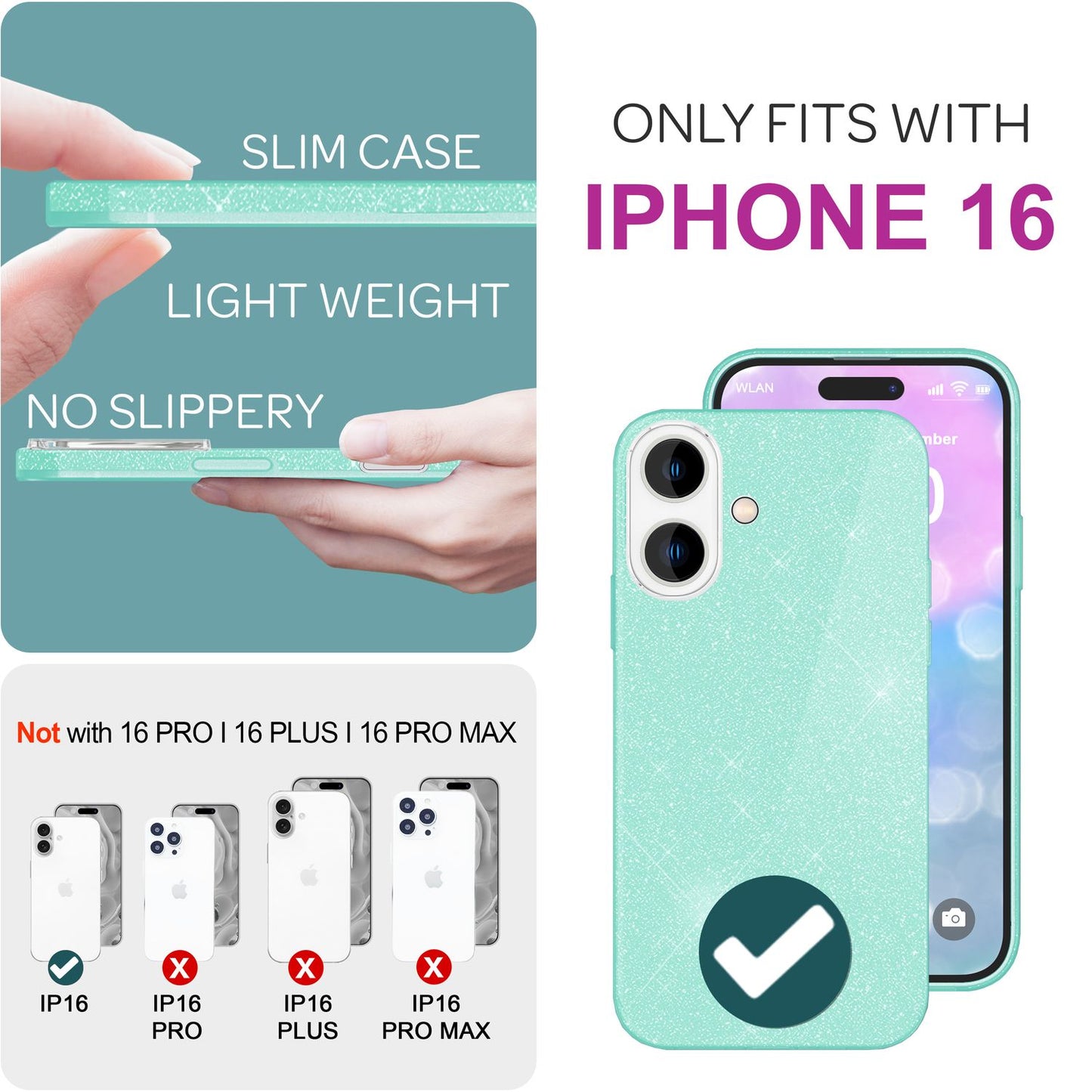 NALIA Glitter Hybrid Case for iPhone 16, Reinforced Silicone Phone Case, Shiny Glitter Protective Cover