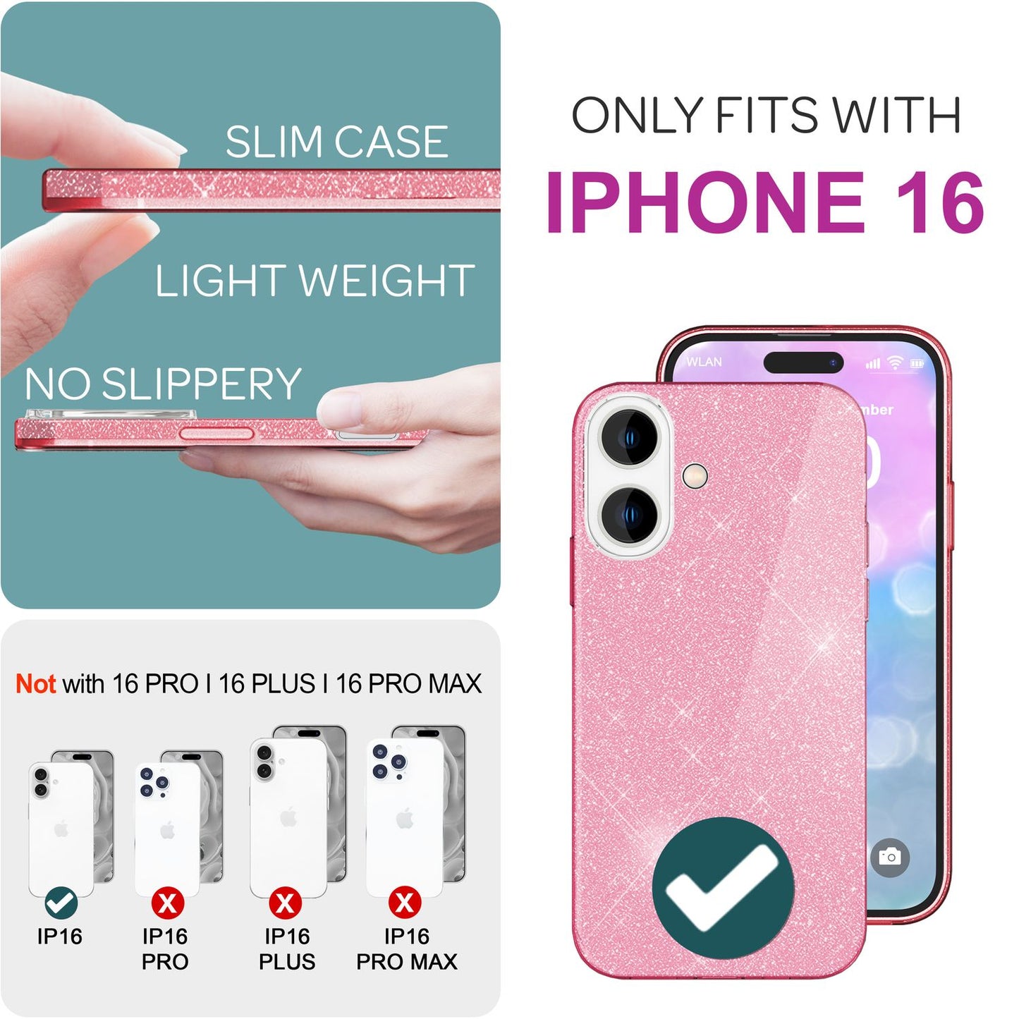 NALIA Glitter Hybrid Case for iPhone 16, Reinforced Silicone Phone Case, Shiny Glitter Protective Cover