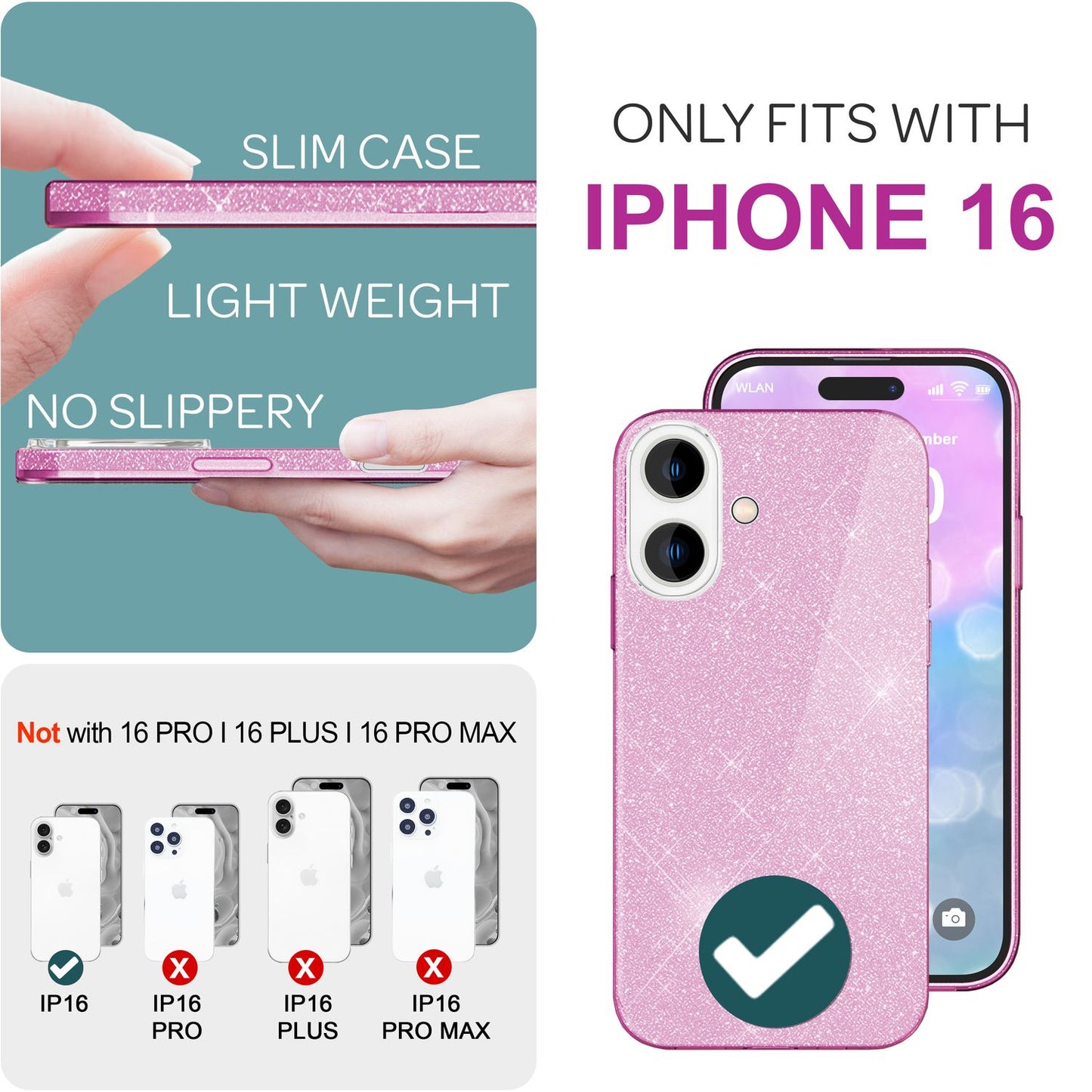 NALIA Glitter Hybrid Case for iPhone 16, Reinforced Silicone Phone Case, Shiny Glitter Protective Cover