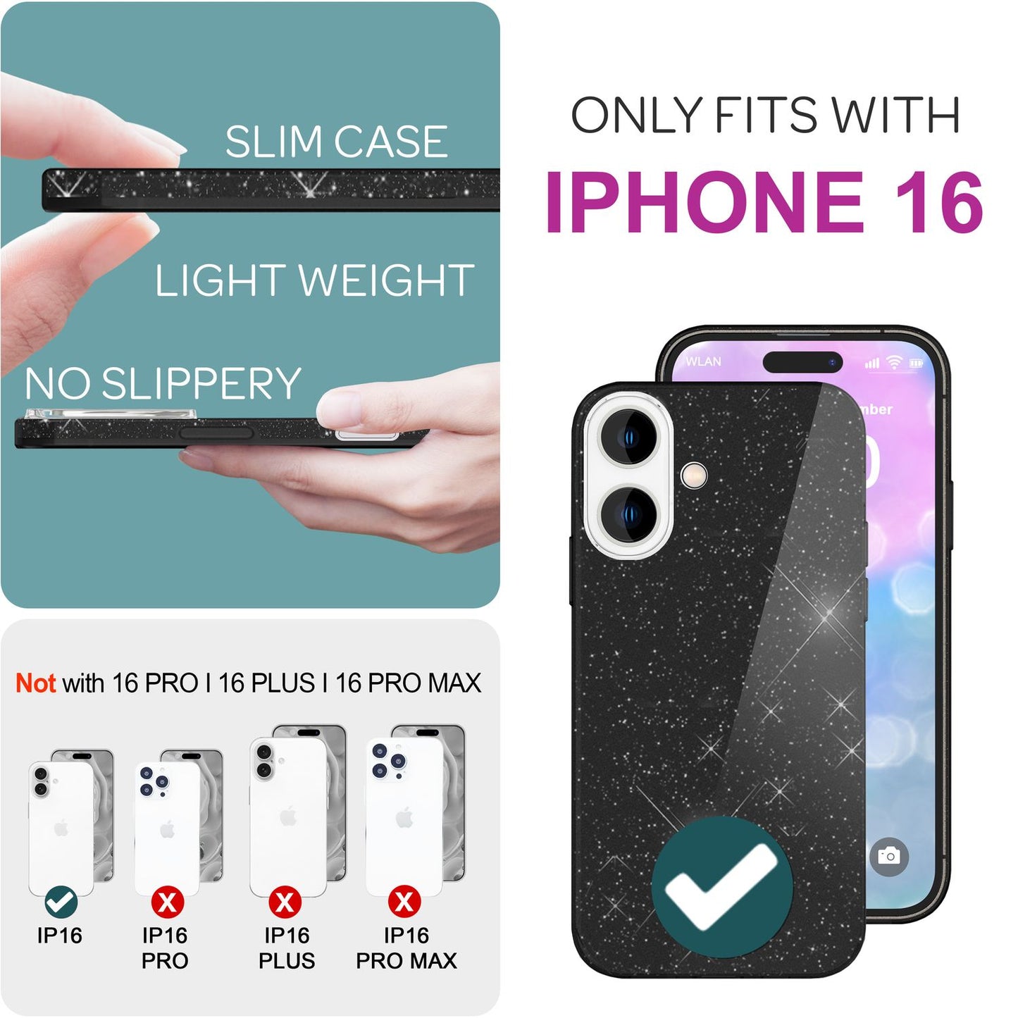 NALIA Glitter Hybrid Case for iPhone 16, Reinforced Silicone Phone Case, Shiny Glitter Protective Cover