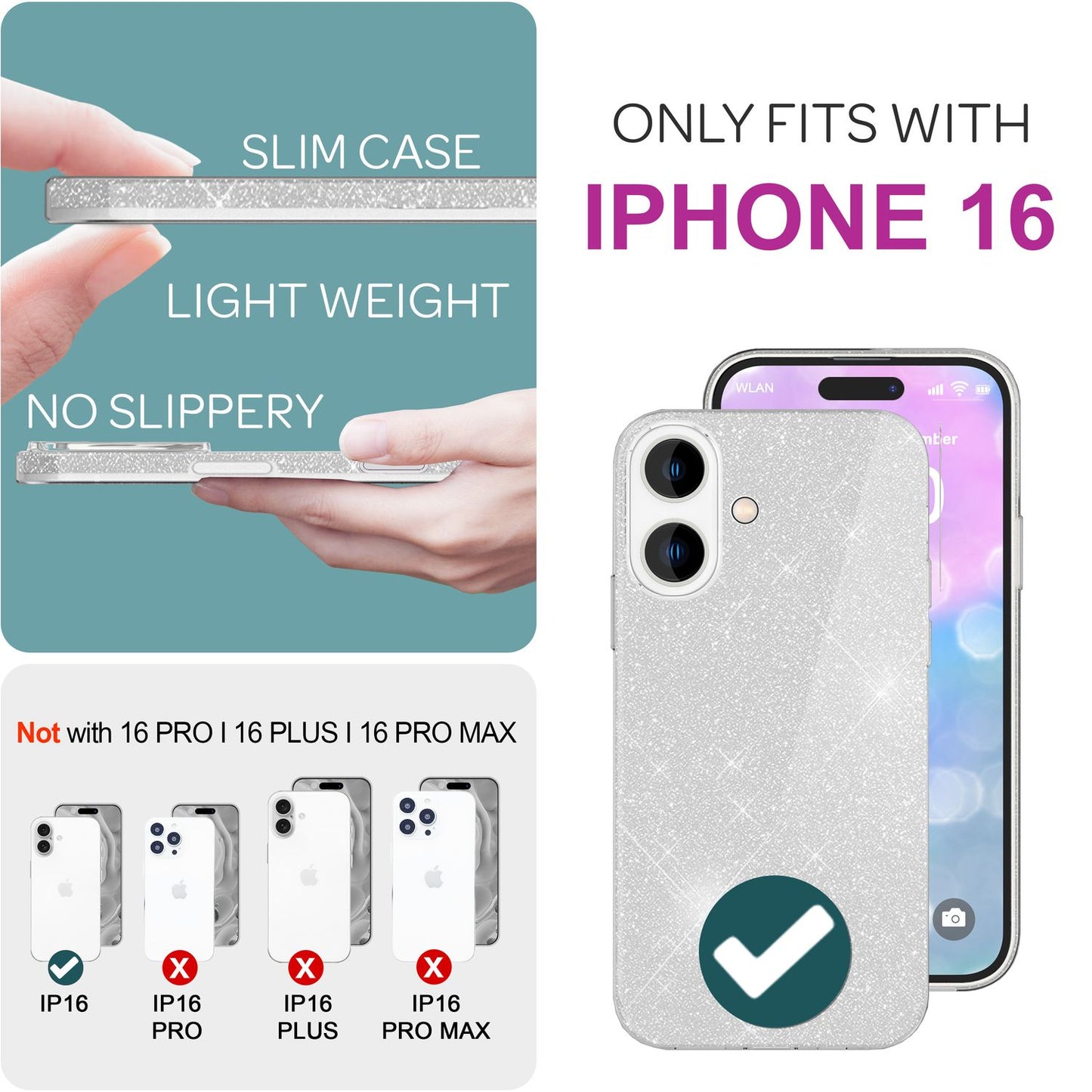 NALIA Glitter Hybrid Case for iPhone 16, Reinforced Silicone Phone Case, Shiny Glitter Protective Cover