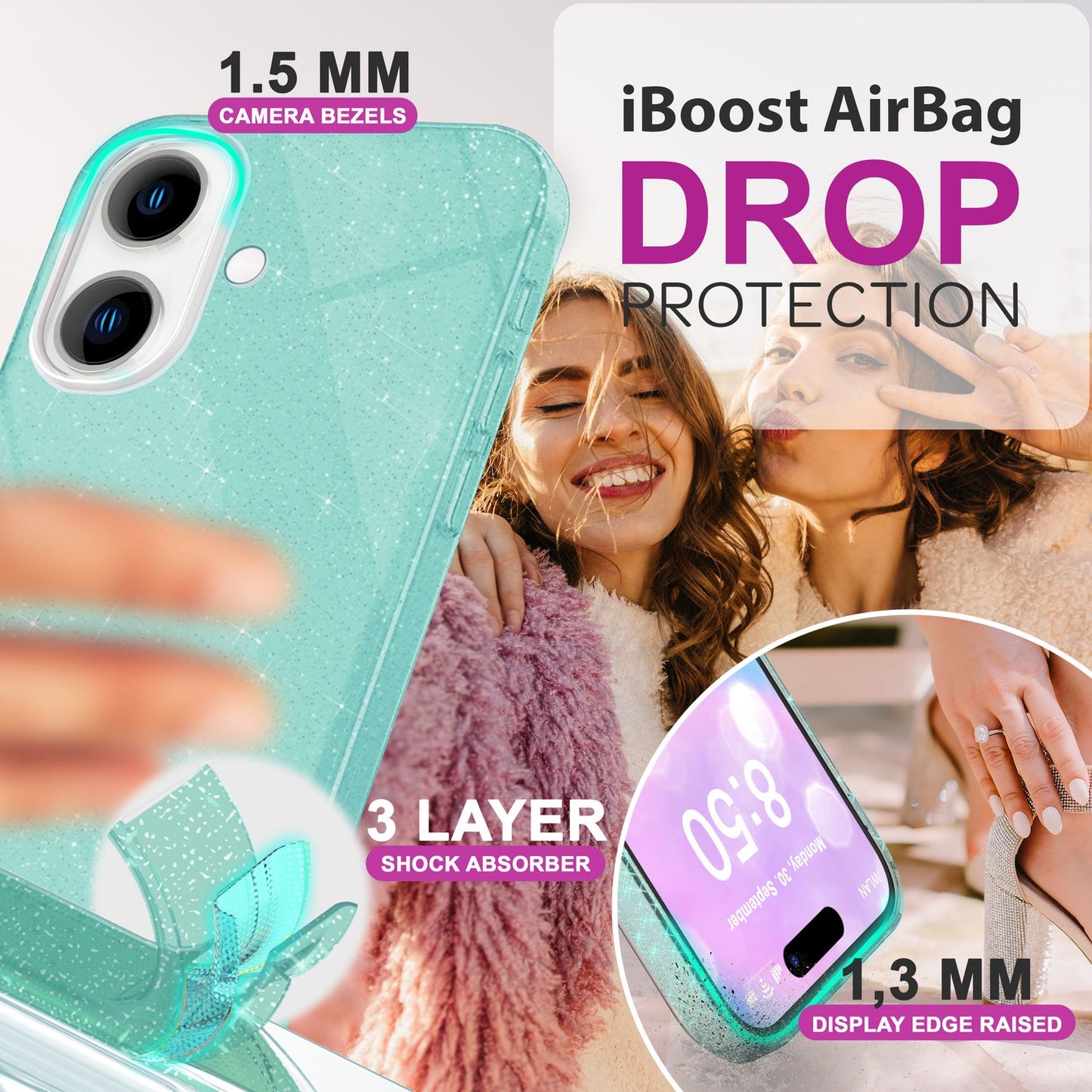 NALIA Glitter Hybrid Case for iPhone 16 Plus, Reinforced Silicone Phone Case, Shiny Protective Glitter Case