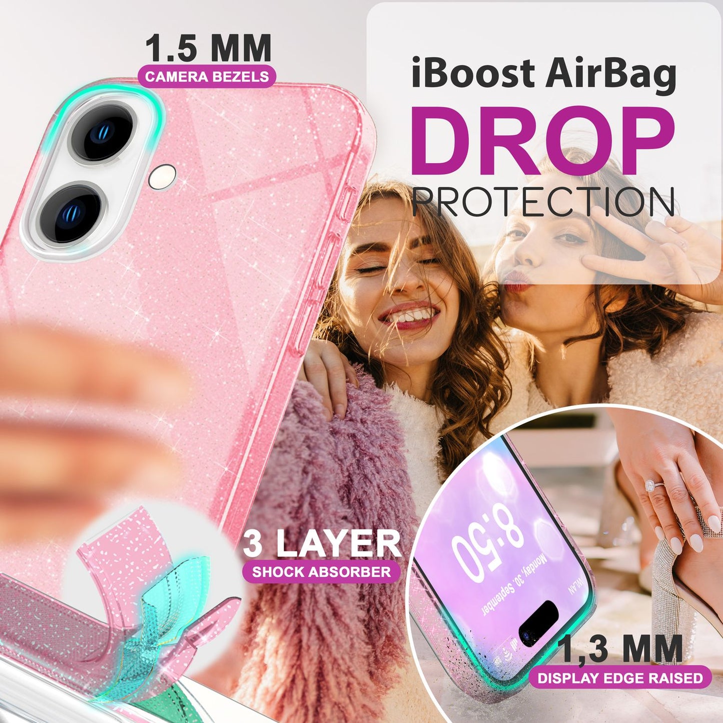 NALIA Glitter Hybrid Case for iPhone 16 Plus, Reinforced Silicone Phone Case, Shiny Protective Glitter Case