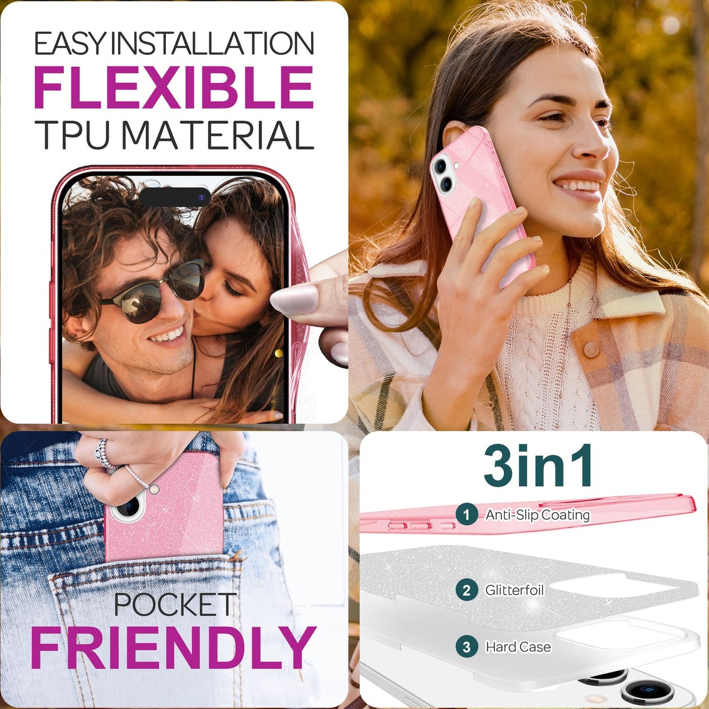 NALIA Glitter Hybrid Case for iPhone 16 Plus, Reinforced Silicone Phone Case, Shiny Protective Glitter Case