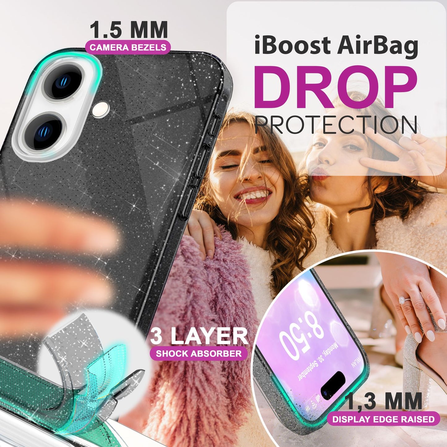 NALIA Glitter Hybrid Case for iPhone 16 Plus, Reinforced Silicone Phone Case, Shiny Protective Glitter Case