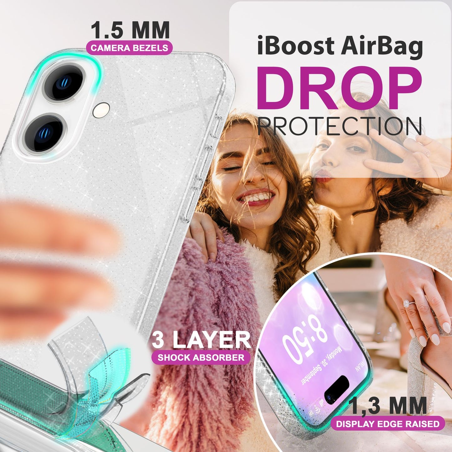 NALIA Glitter Hybrid Case for iPhone 16 Plus, Reinforced Silicone Phone Case, Shiny Protective Glitter Case