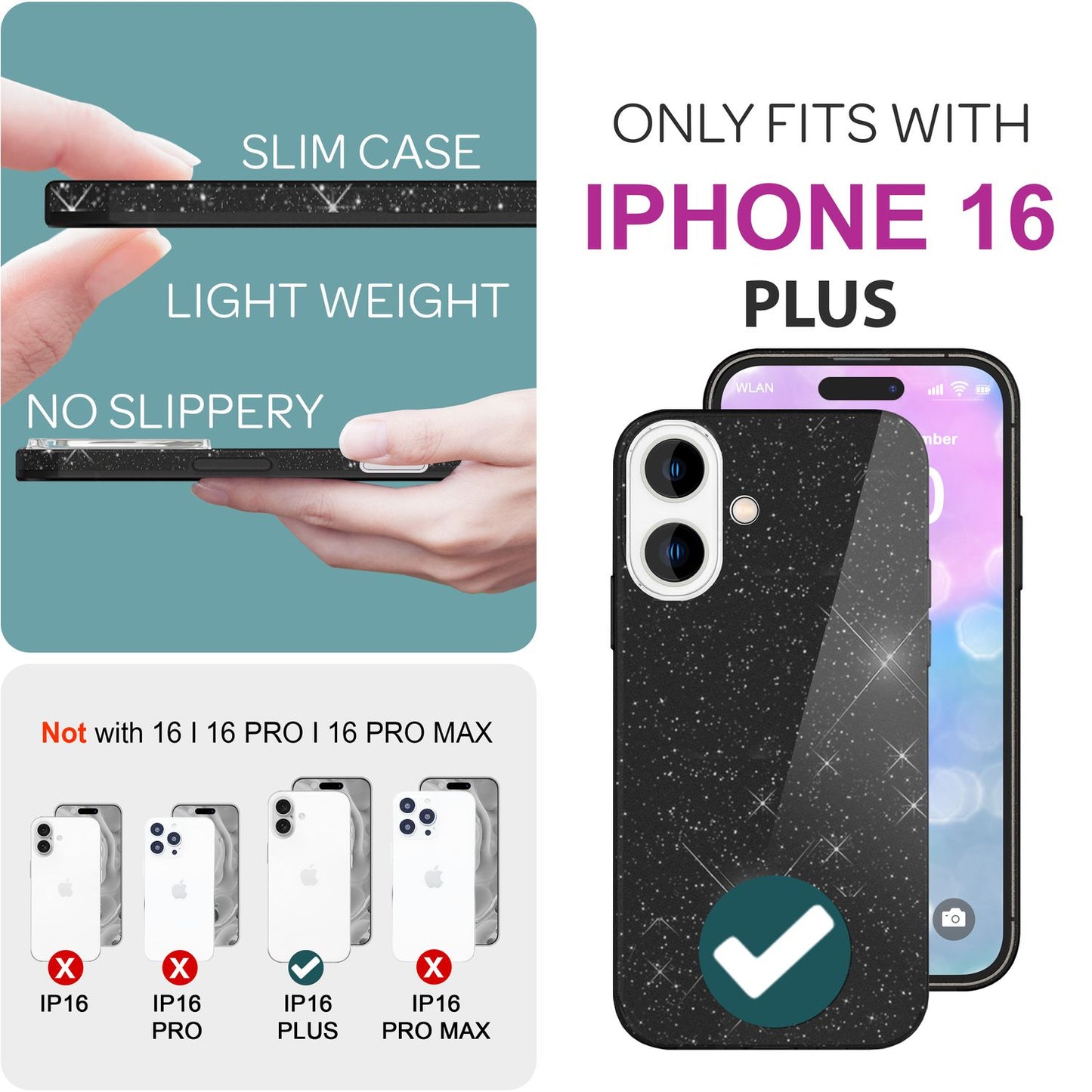 NALIA Glitter Hybrid Case for iPhone 16 Plus, Reinforced Silicone Phone Case, Shiny Protective Glitter Case