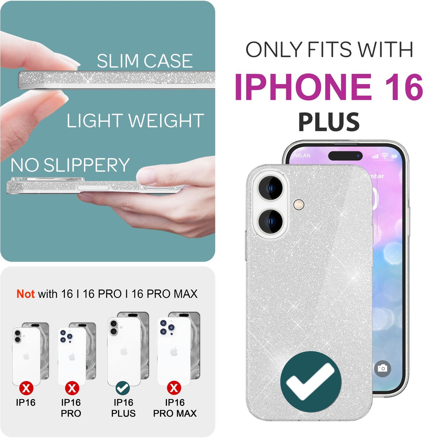 NALIA Glitter Hybrid Case for iPhone 16 Plus, Reinforced Silicone Phone Case, Shiny Protective Glitter Case