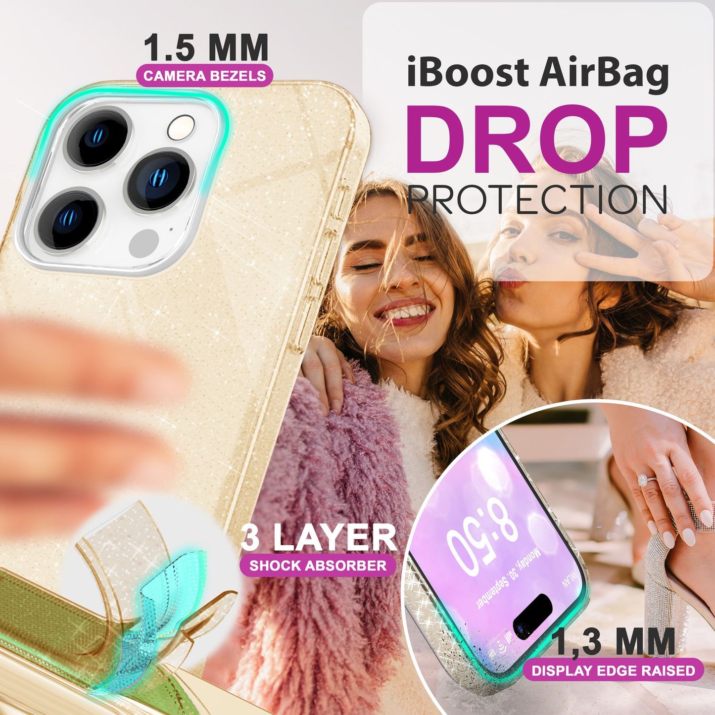 NALIA Glitter Hybrid hulstur fyrir iPhone 16 Pro, styrkt sílikon símahulstur, glansandi glitrandi hlífðarhulstur