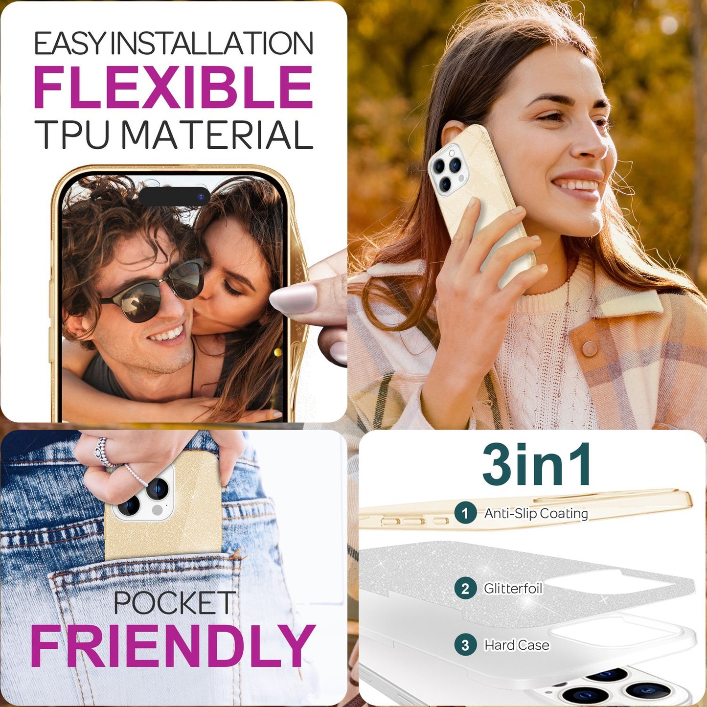 NALIA Glitter Hybrid hulstur fyrir iPhone 16 Pro, styrkt sílikon símahulstur, glansandi glitrandi hlífðarhulstur