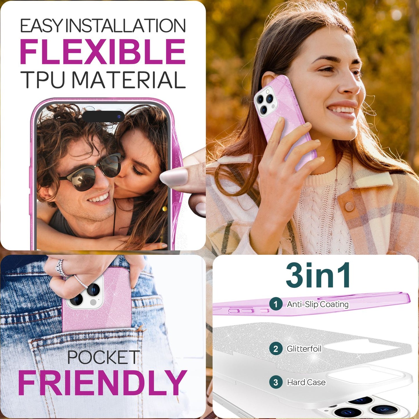 NALIA Glitter Hybrid hulstur fyrir iPhone 16 Pro, styrkt sílikon símahulstur, glansandi glitrandi hlífðarhulstur