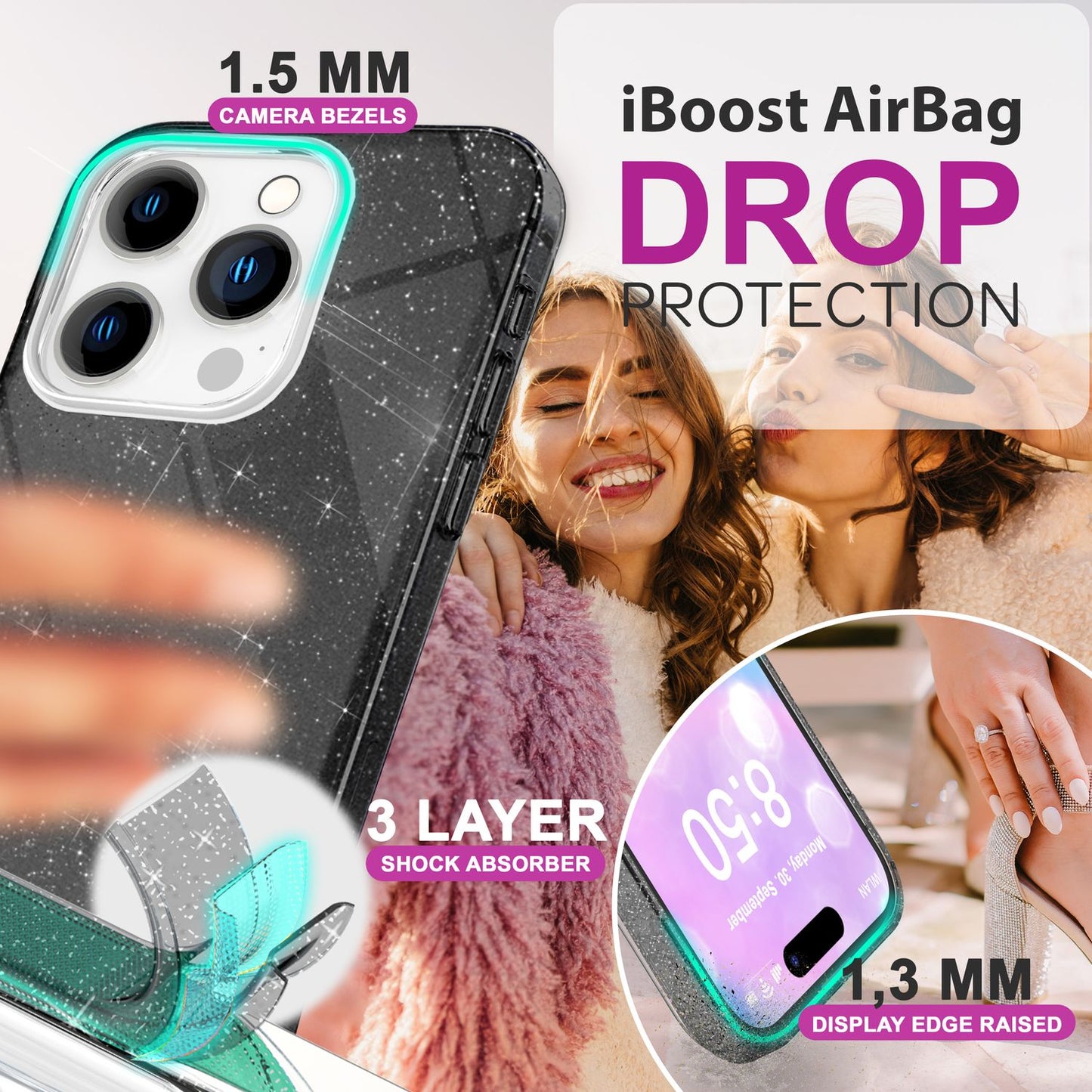 NALIA Glitter Hybrid hulstur fyrir iPhone 16 Pro, styrkt sílikon símahulstur, glansandi glitrandi hlífðarhulstur