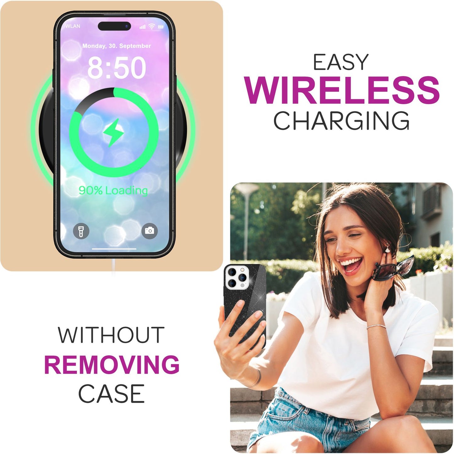 NALIA Glitter Hybrid hulstur fyrir iPhone 16 Pro, styrkt sílikon símahulstur, glansandi glitrandi hlífðarhulstur