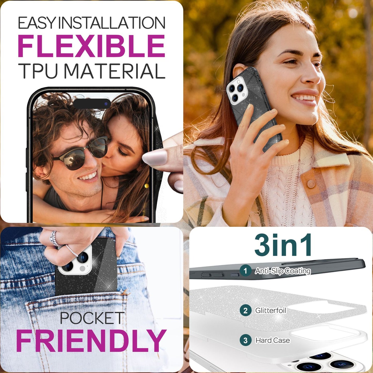 NALIA Glitter Hybrid hulstur fyrir iPhone 16 Pro, styrkt sílikon símahulstur, glansandi glitrandi hlífðarhulstur