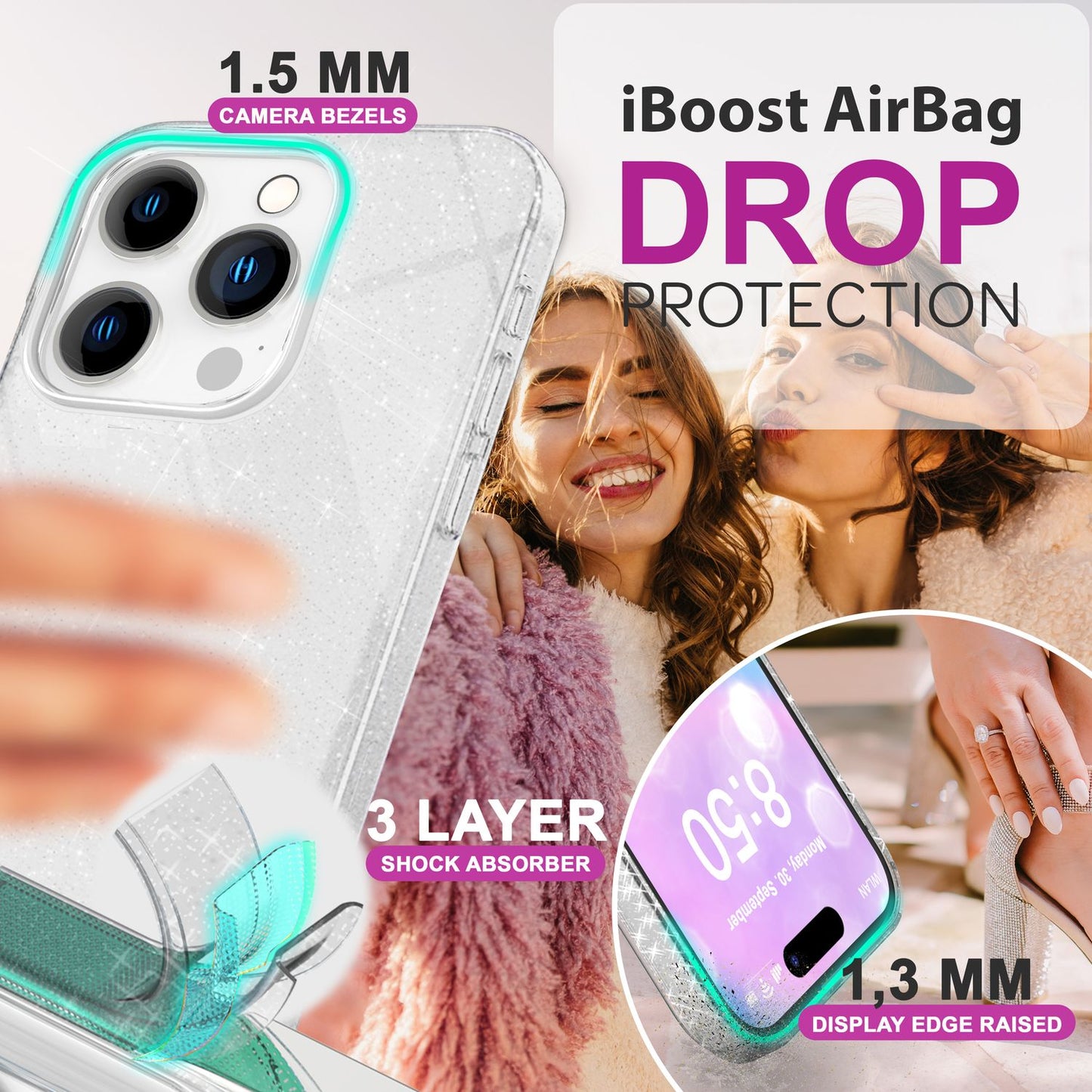 NALIA Glitter Hybrid hulstur fyrir iPhone 16 Pro, styrkt sílikon símahulstur, glansandi glitrandi hlífðarhulstur