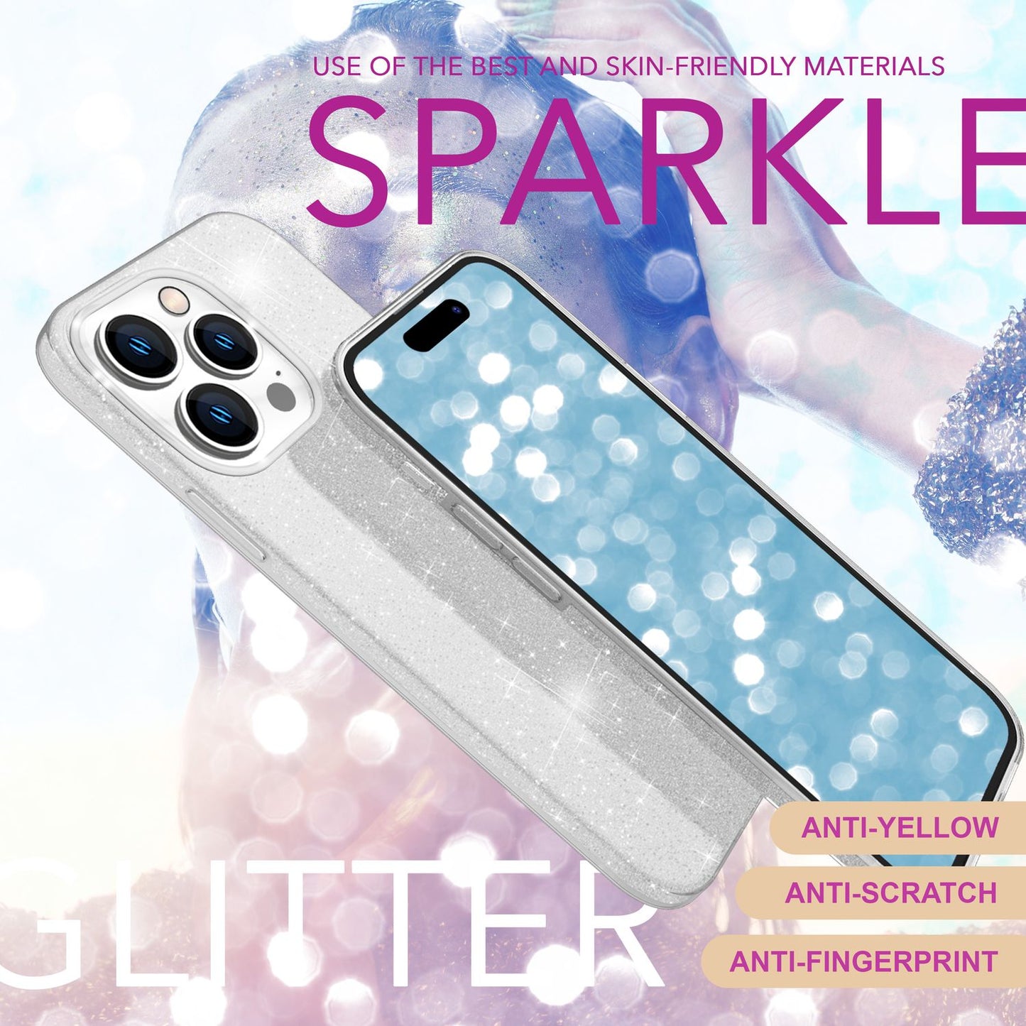 NALIA Glitter Hybrid hulstur fyrir iPhone 16 Pro, styrkt sílikon símahulstur, glansandi glitrandi hlífðarhulstur