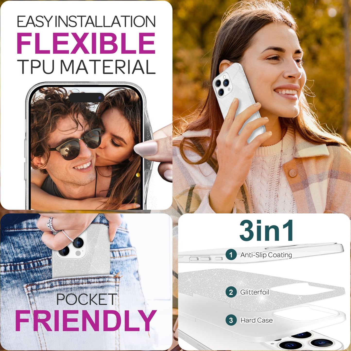 NALIA Glitter Hybrid hulstur fyrir iPhone 16 Pro, styrkt sílikon símahulstur, glansandi glitrandi hlífðarhulstur