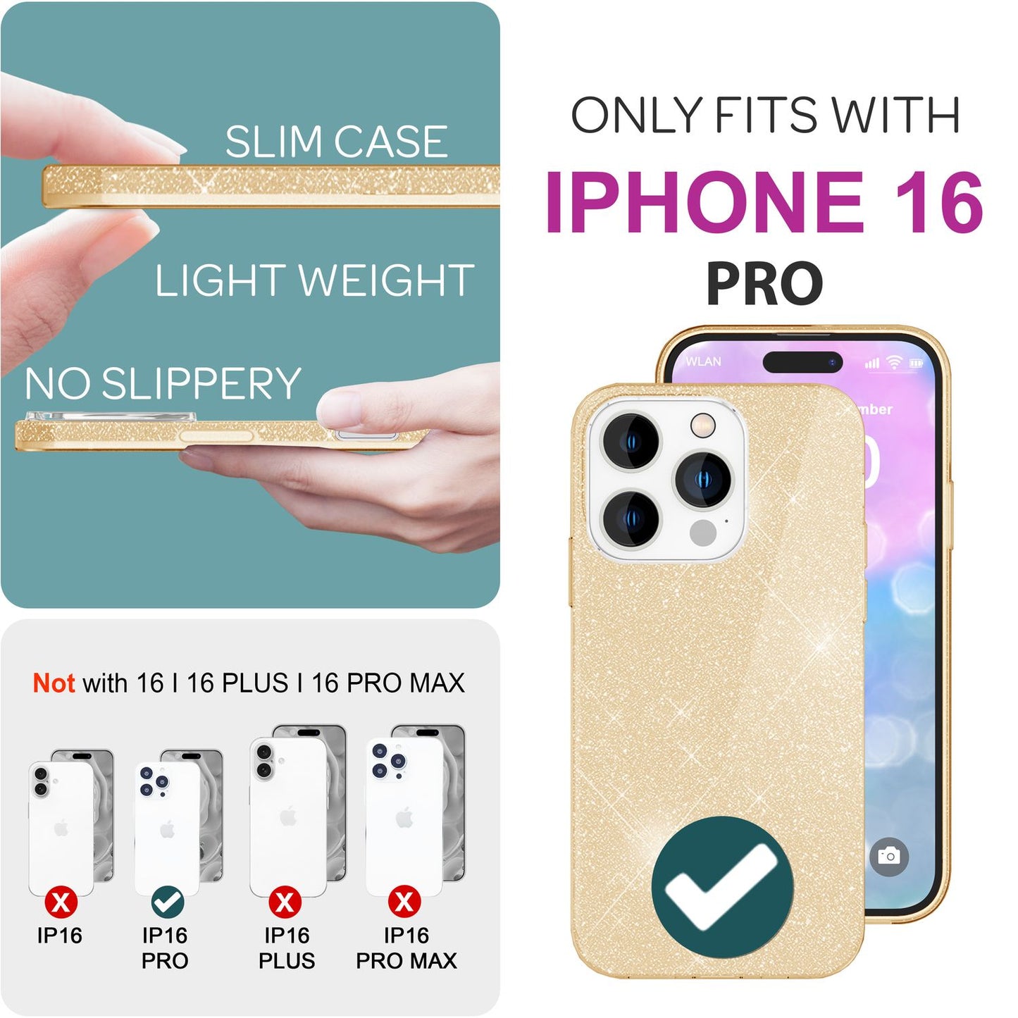 NALIA Glitter Hybrid hulstur fyrir iPhone 16 Pro, styrkt sílikon símahulstur, glansandi glitrandi hlífðarhulstur